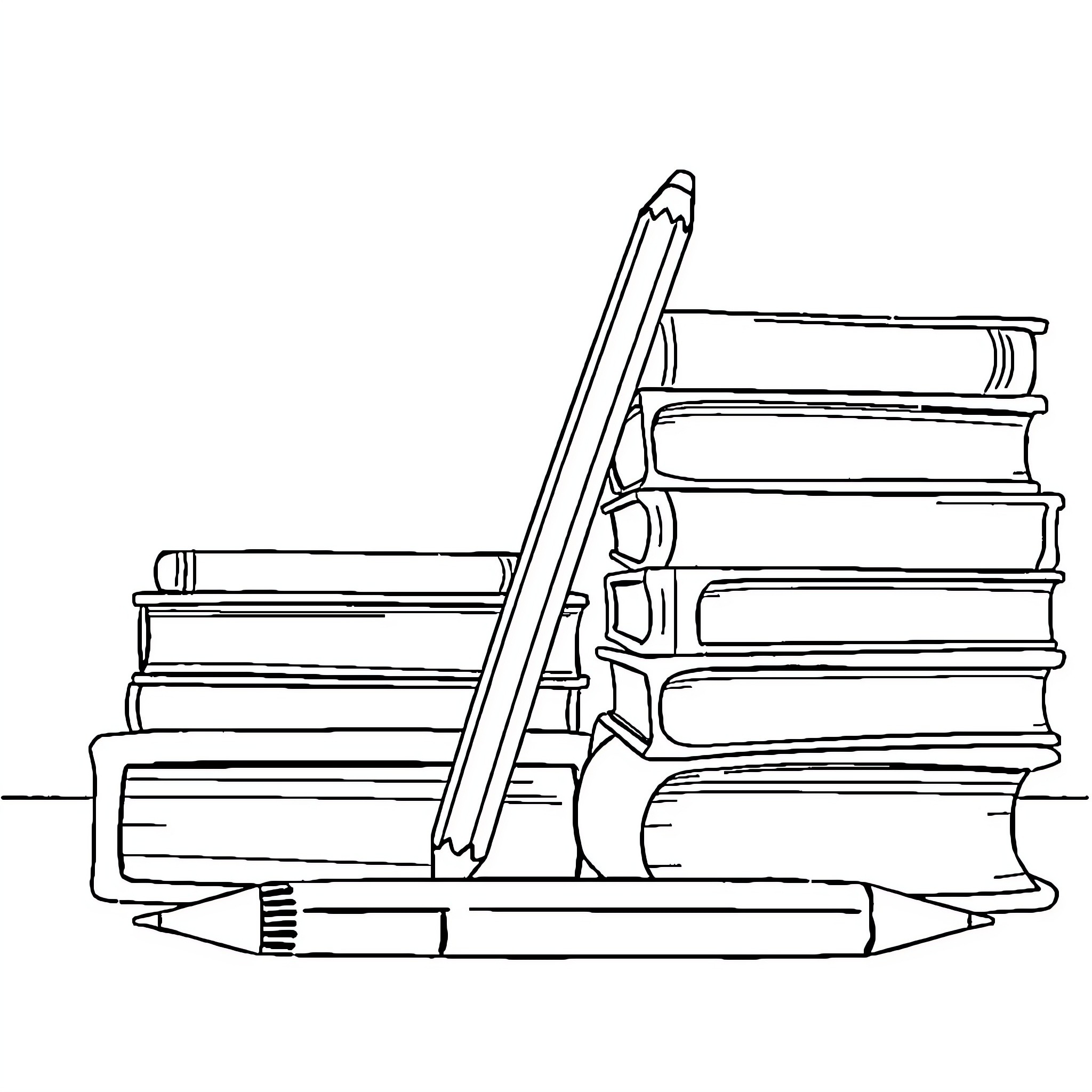 Pencil amidst a stack of books Coloring Page (free black-and-white line drawing printable PDF for all, from beginners to advanced learners, including children, teens, adults, and seniors)