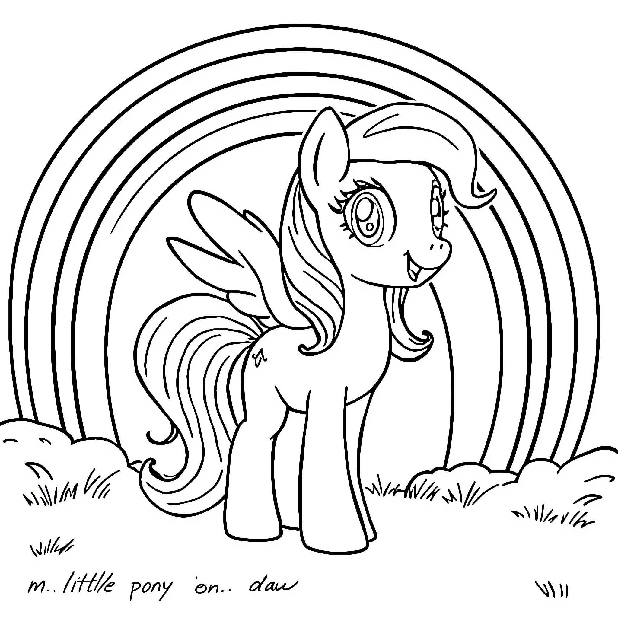 Pony standing in a dreamy field Coloring Page (free black-and-white line drawing printable PDF for all, from beginners to advanced learners, including children, teens, adults, and seniors)