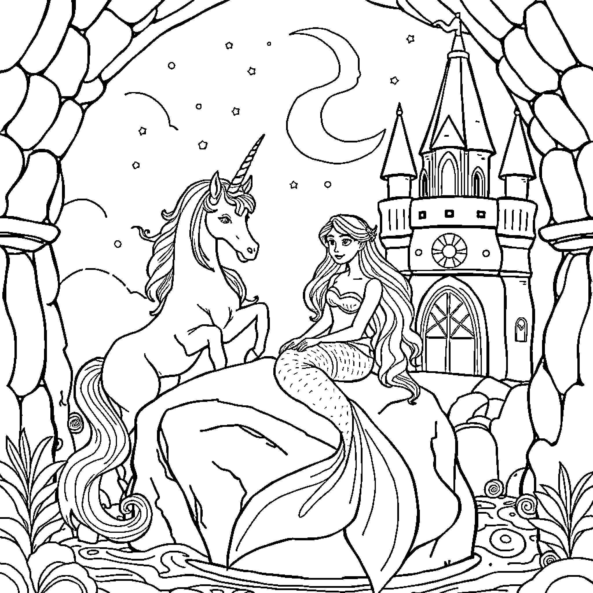 Mermaid and Unicorn at the Enchanted Castle Coloring Page (free black-and-white line drawing printable PDF for all, from beginners to advanced learners, including children, teens, adults, and seniors)