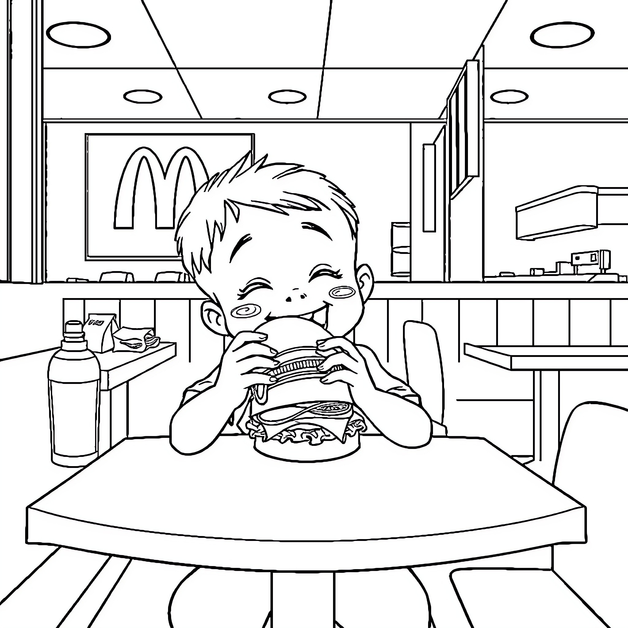 Boy enjoying a delicious fast food meal in the restaurant Coloring Page (free black-and-white line drawing printable PDF for all, from beginners to advanced learners, including children, teens, adults, and seniors)