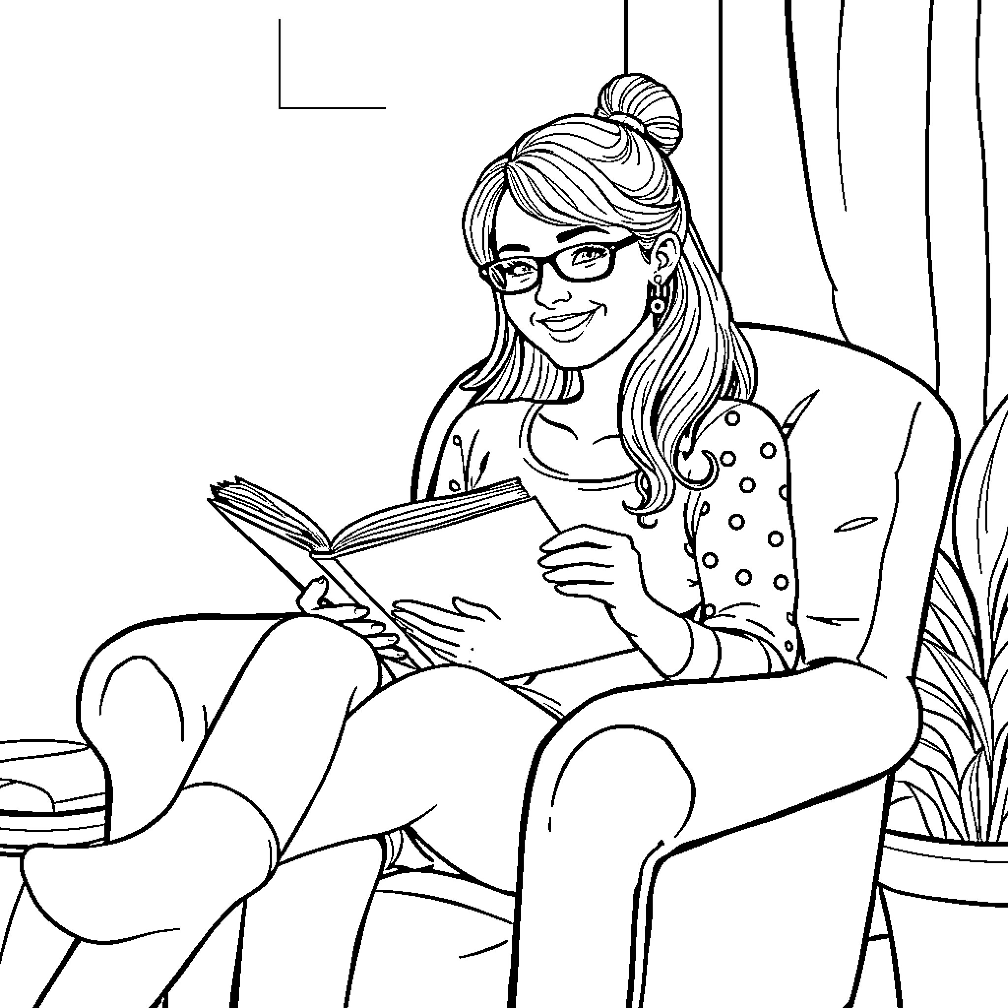 Winnie Sanderson reading a book comfortably in an armchair Coloring Page (free black-and-white line drawing printable PDF for all, from beginners to advanced learners, including children, teens, adults, and seniors)