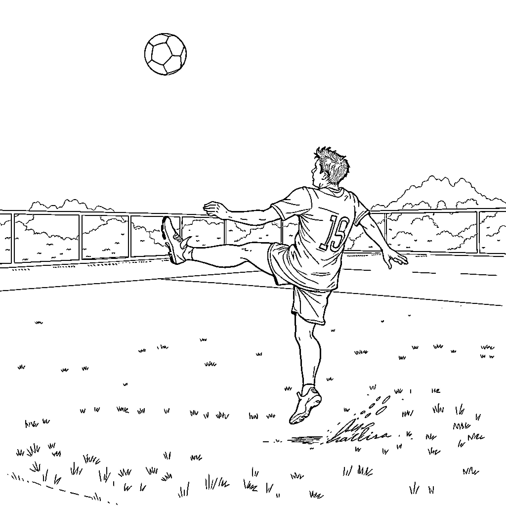 Jugador de Fútbol kicking ball on playing field Coloring Page (free black-and-white line drawing printable PDF for all, from beginners to advanced learners, including children, teens, adults, and seniors)