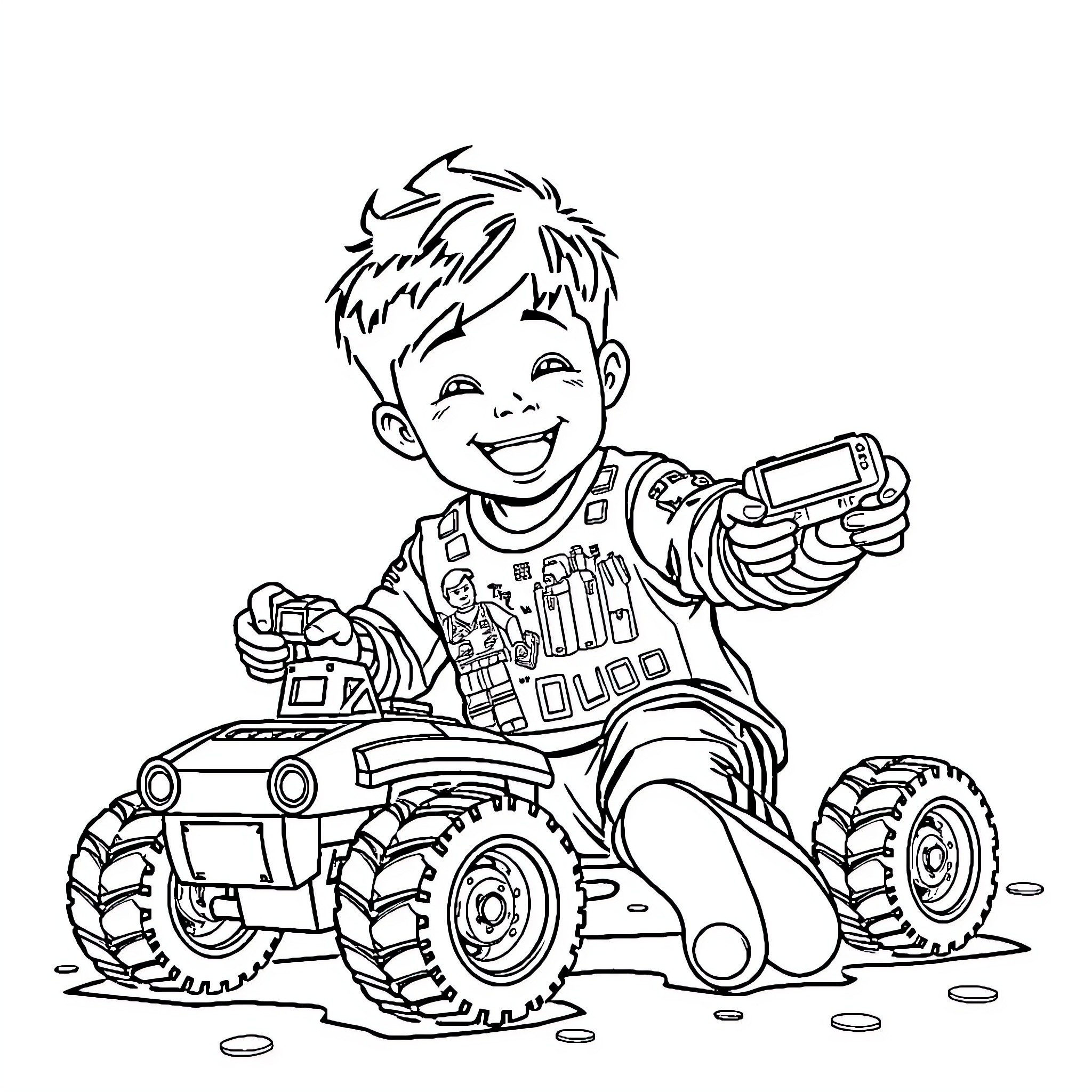 Boy playing with toy monster truck Coloring Page (free black-and-white line drawing printable PDF for all, from beginners to advanced learners, including children, teens, adults, and seniors)