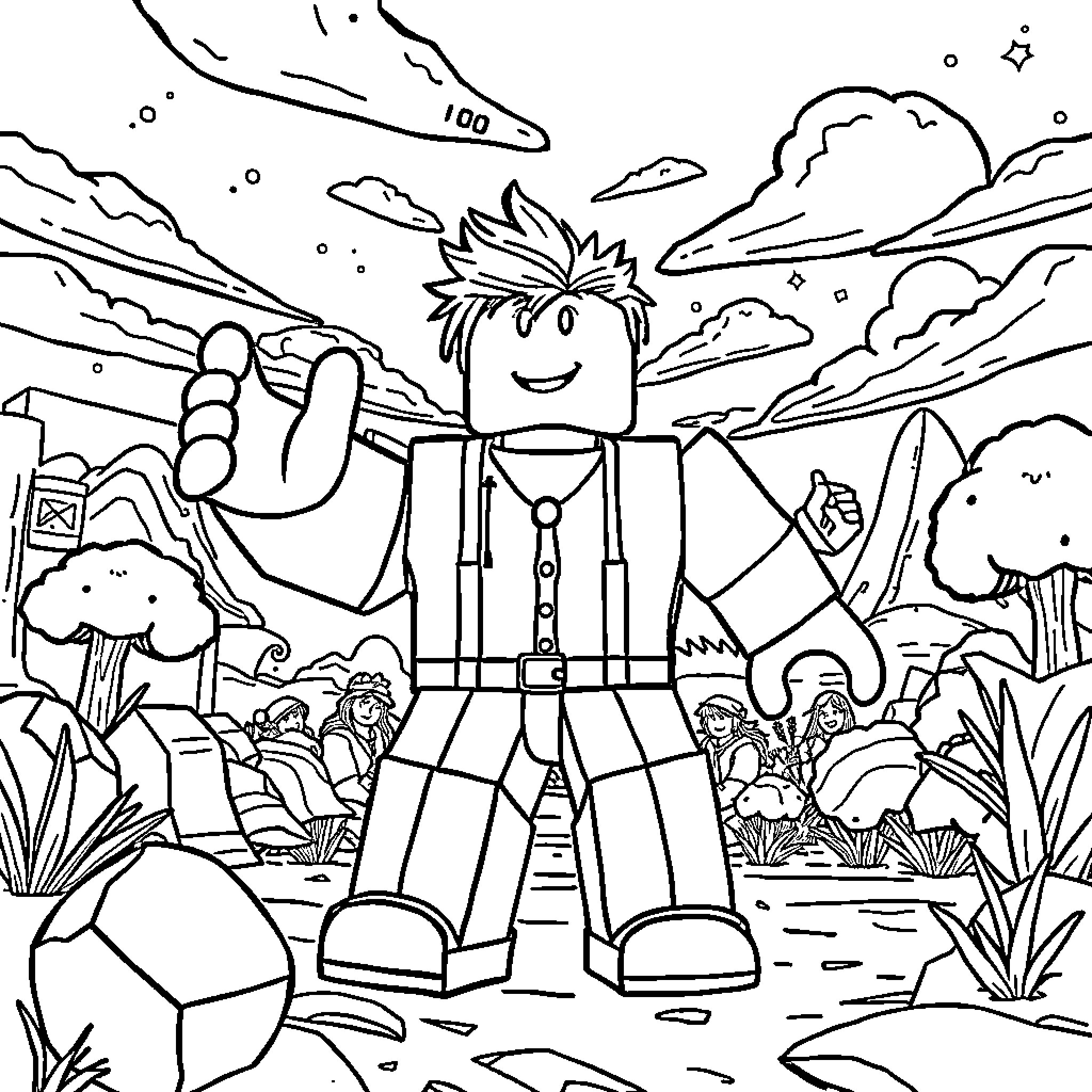 Roblox character exploring the vibrant landscape Coloring Page (free black-and-white line drawing printable PDF for all, from beginners to advanced learners, including children, teens, adults, and seniors)