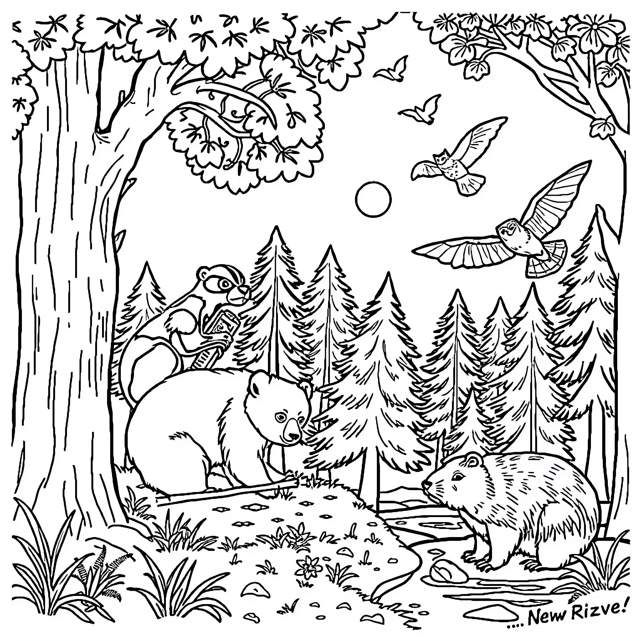 Animal Friends in the Woodland Scene Coloring Page (free black-and-white line drawing printable PDF for all, from beginners to advanced learners, including children, teens, adults, and seniors)