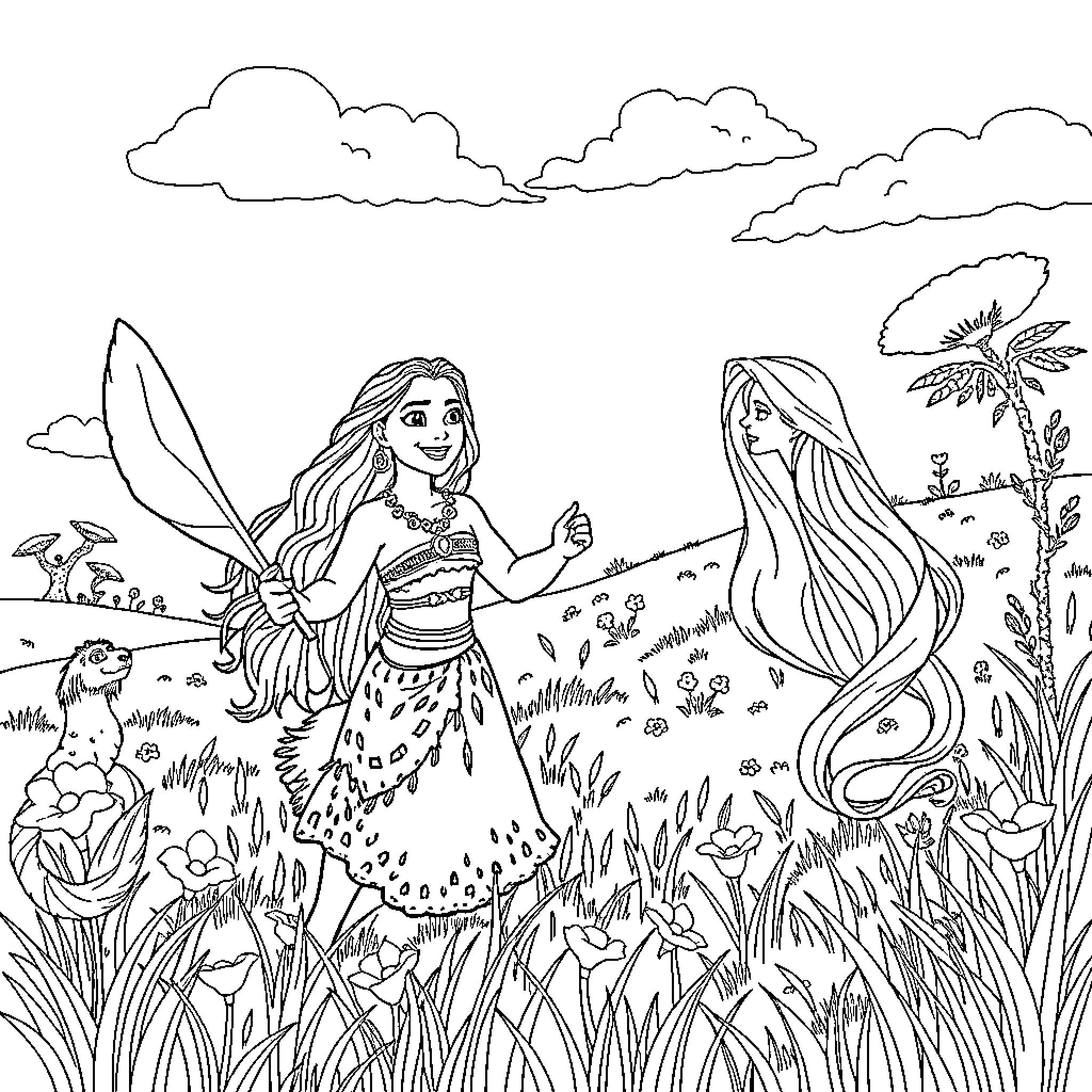 Moana exploring the tropical island with Maui Coloring Page (free black-and-white line drawing printable PDF for all, from beginners to advanced learners, including children, teens, adults, and seniors)