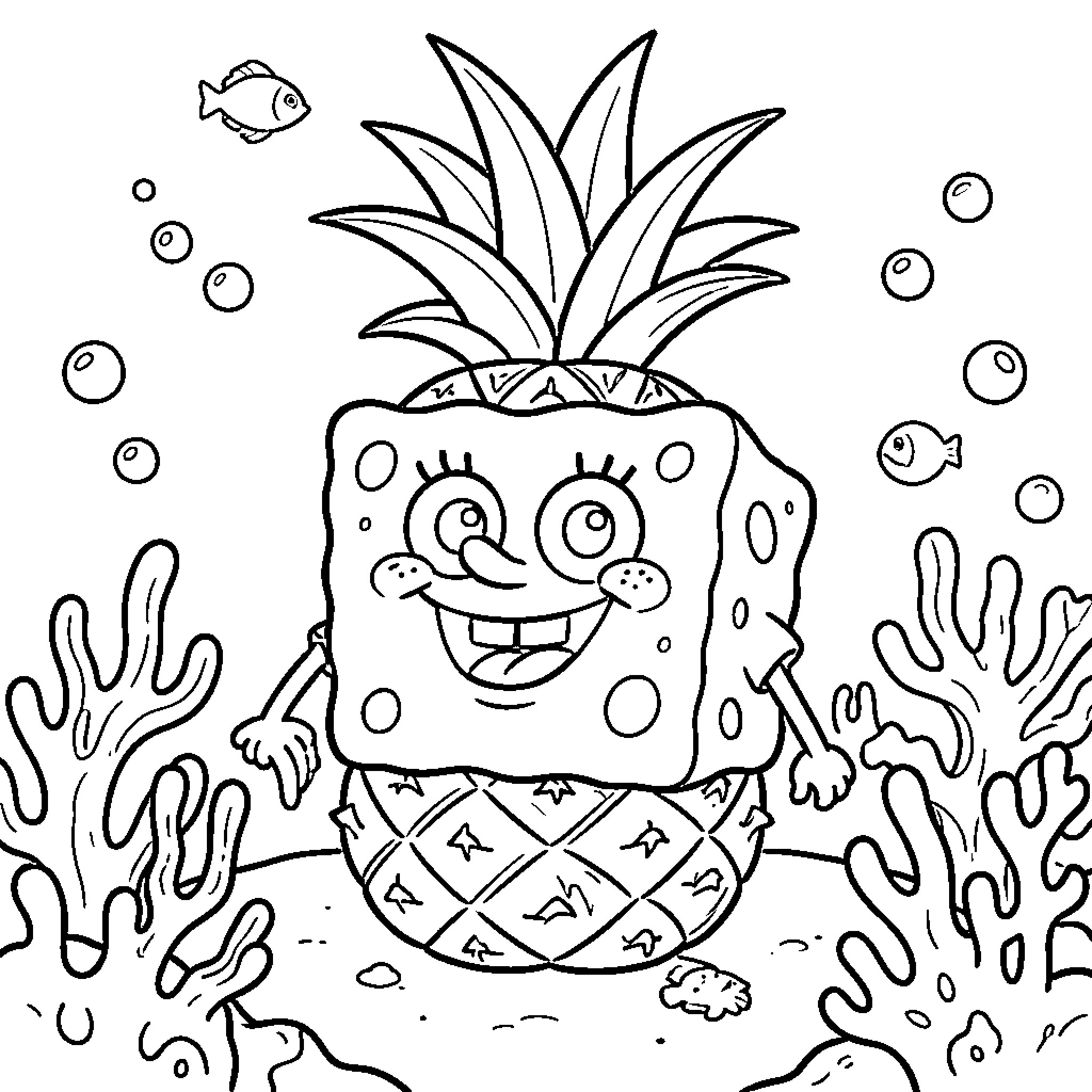 Spongebob smiling happily in his underwater pineapple home Coloring Page (free black-and-white line drawing printable PDF for all, from beginners to advanced learners, including children, teens, adults, and seniors)