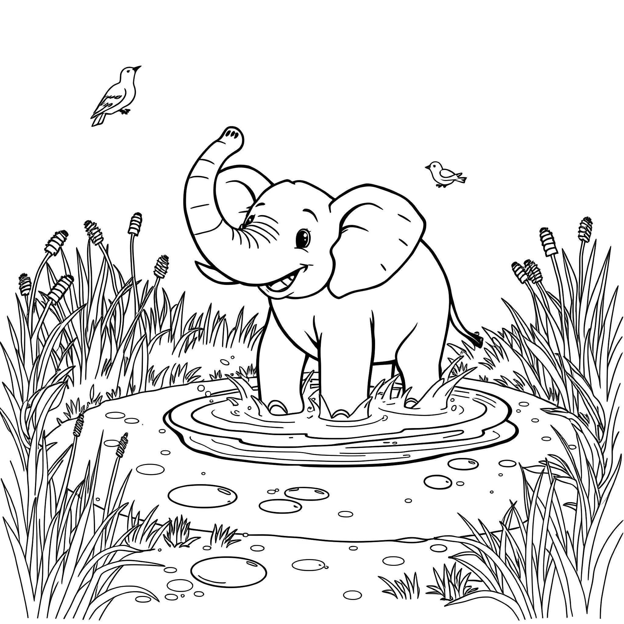 Elephant enjoying a pool in the wild Coloring Page (free black-and-white line drawing printable PDF for all, from beginners to advanced learners, including children, teens, adults, and seniors)
