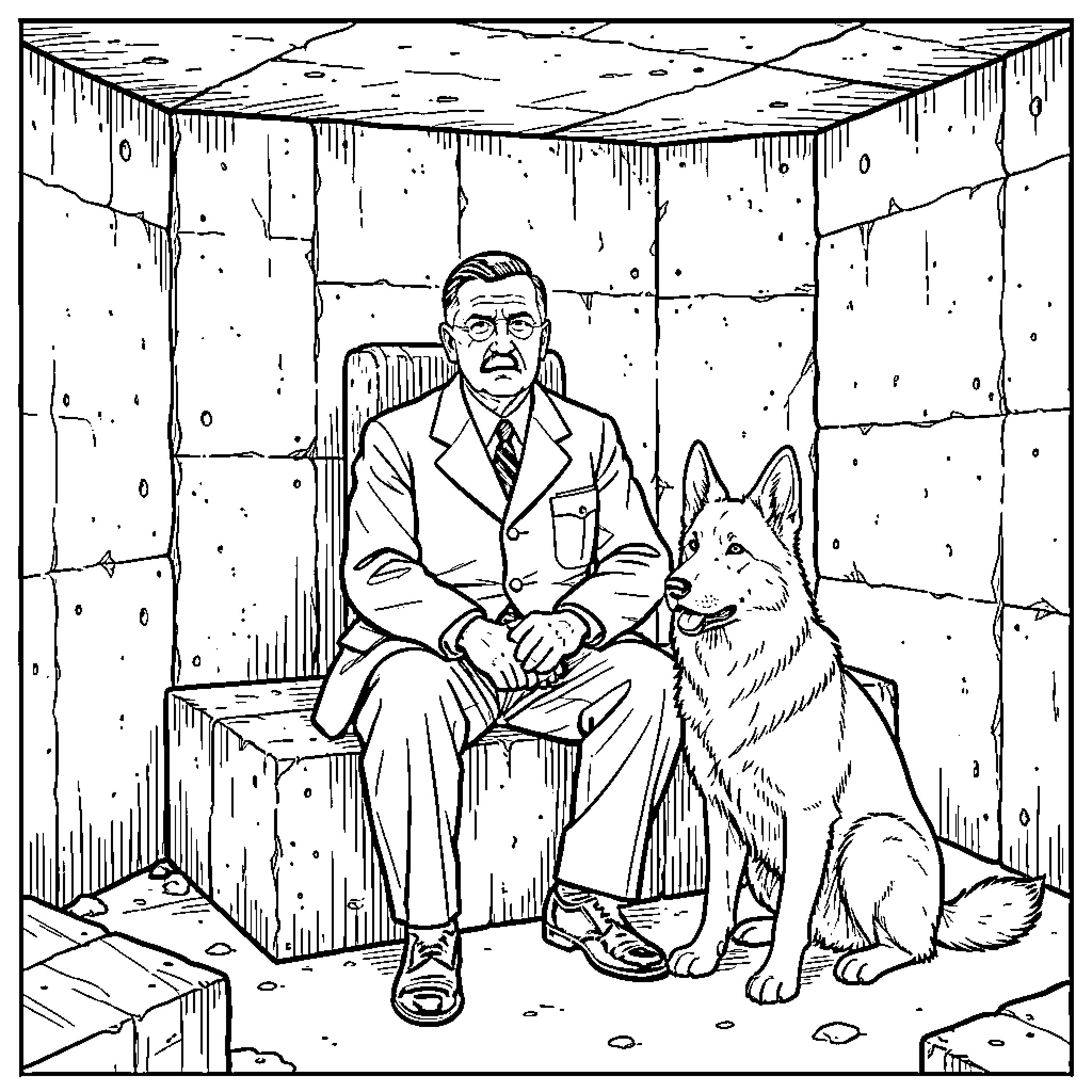 German Shepherd sitting beside a man in a suit Coloring Page (free black-and-white line drawing printable PDF for all, from beginners to advanced learners, including children, teens, adults, and seniors)