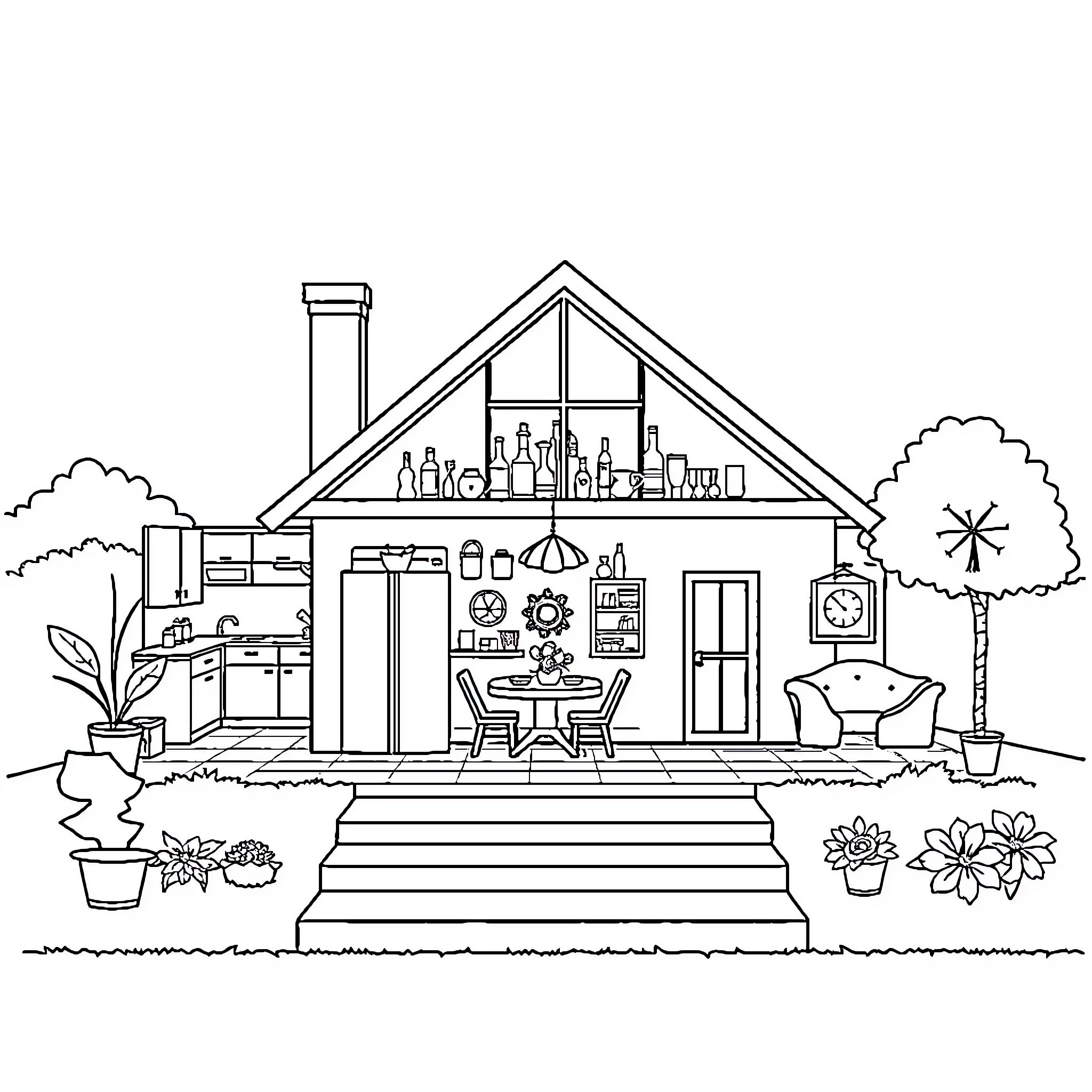 House Parts Filled with Household Items Coloring Page (free black-and-white line drawing printable PDF for all, from beginners to advanced learners, including children, teens, adults, and seniors)