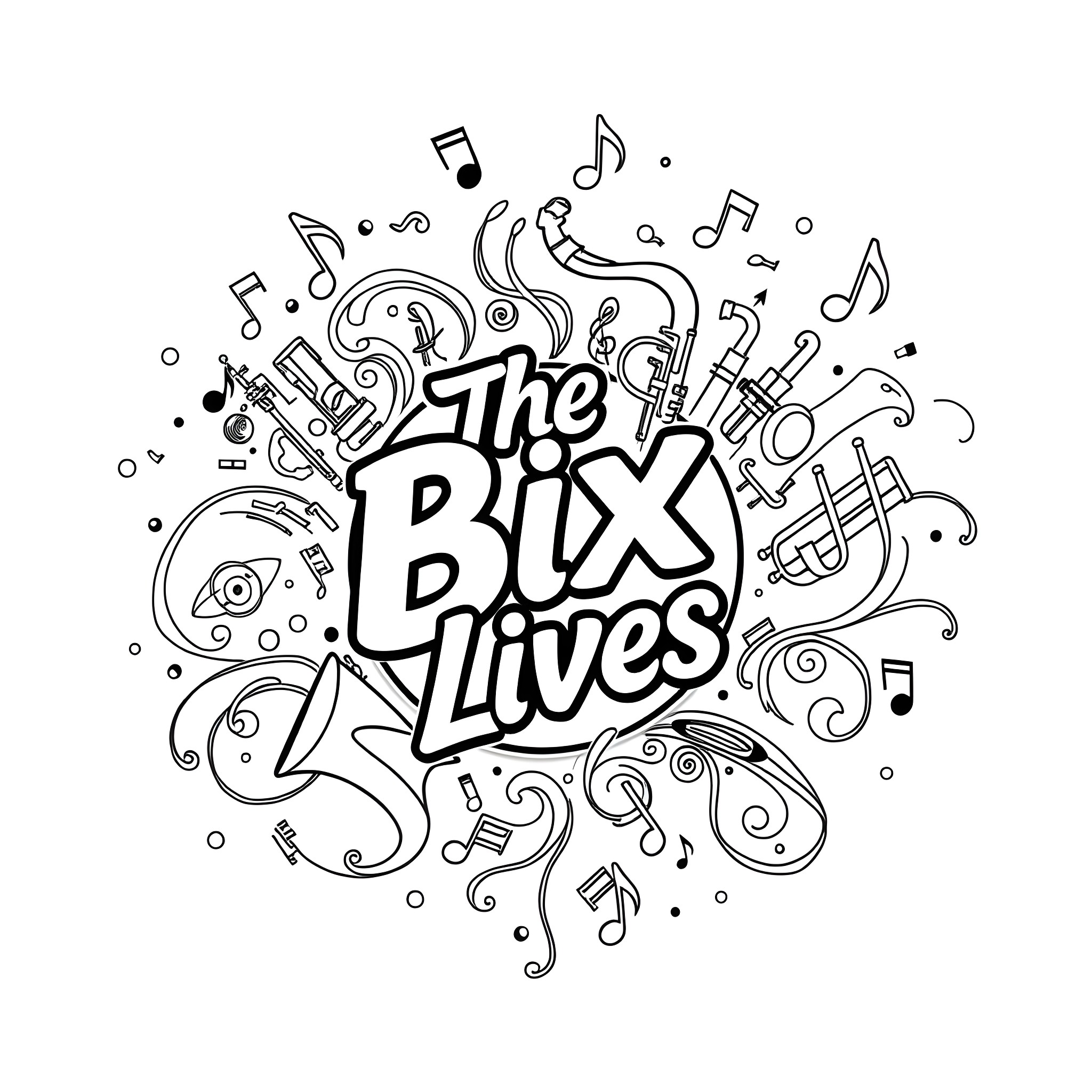 Bix Lives - Musical Instruments and Notes Coloring Page (free black-and-white line drawing printable PDF for all, from beginners to advanced learners, including children, teens, adults, and seniors)