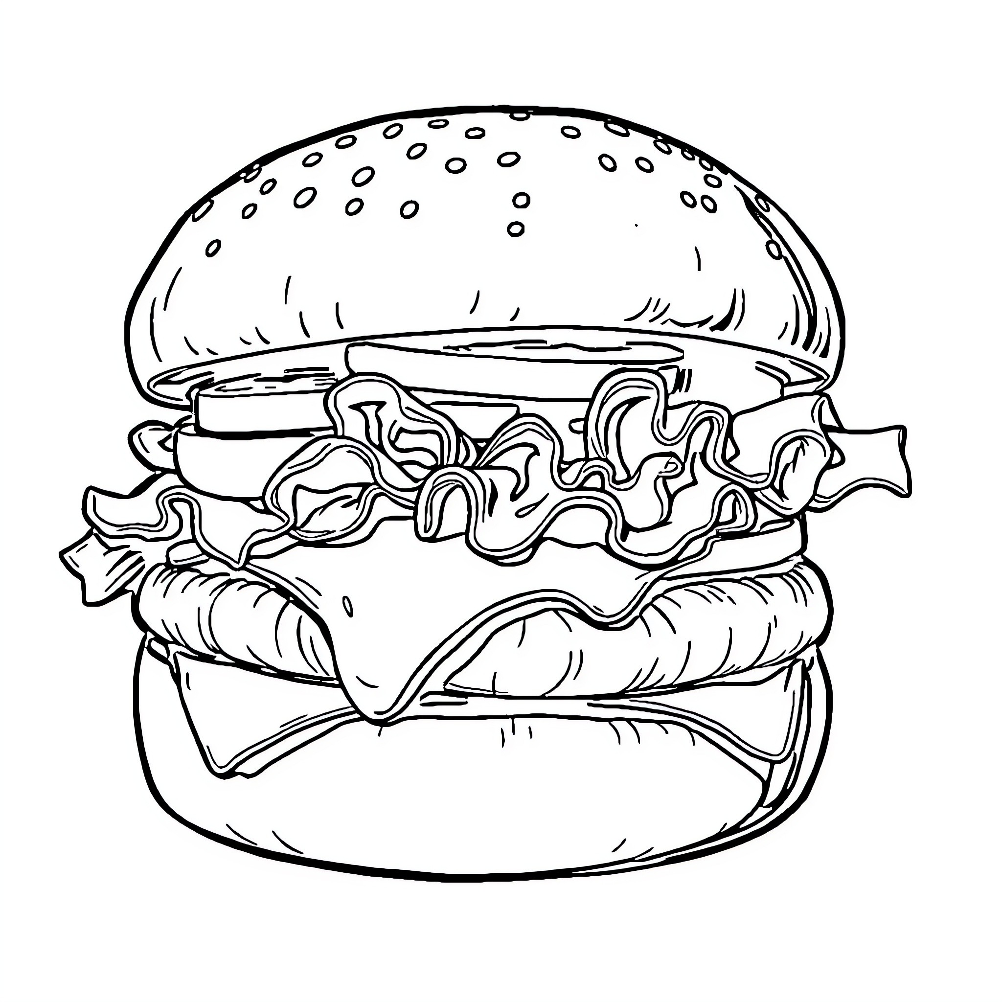 Burger with Delicious Ingredients Coloring Page (free black-and-white line drawing printable PDF for all, from beginners to advanced learners, including children, teens, adults, and seniors)