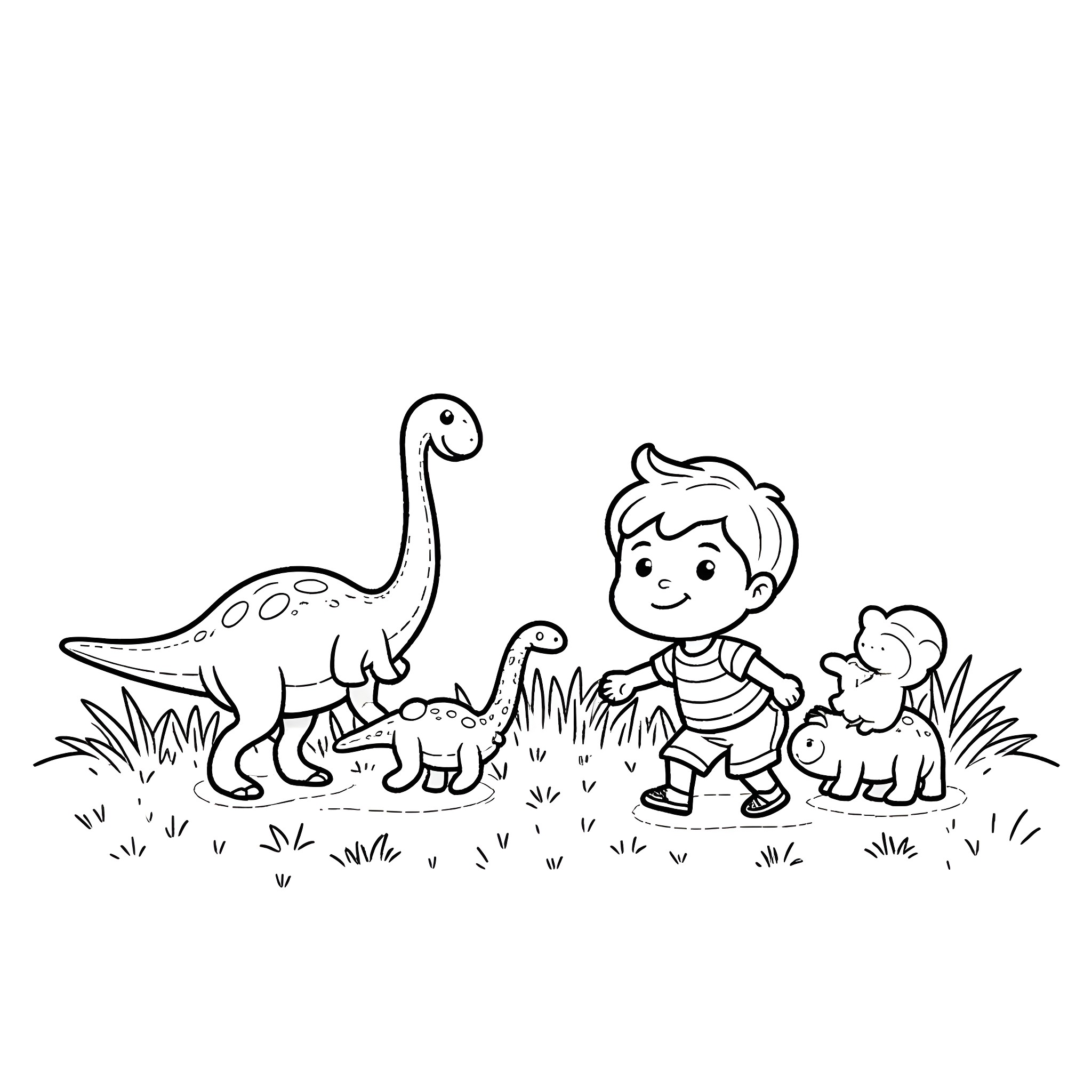 Boy explores prehistoric creatures in the wilderness Coloring Page (free black-and-white line drawing printable PDF for all, from beginners to advanced learners, including children, teens, adults, and seniors)