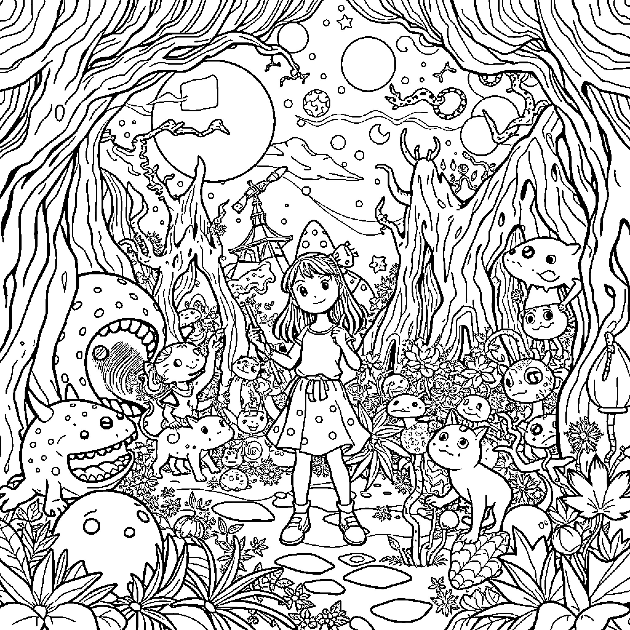 Alicia's Enchanted Woodland Adventure Coloring Page (free black-and-white line drawing printable PDF for all, from beginners to advanced learners, including children, teens, adults, and seniors)