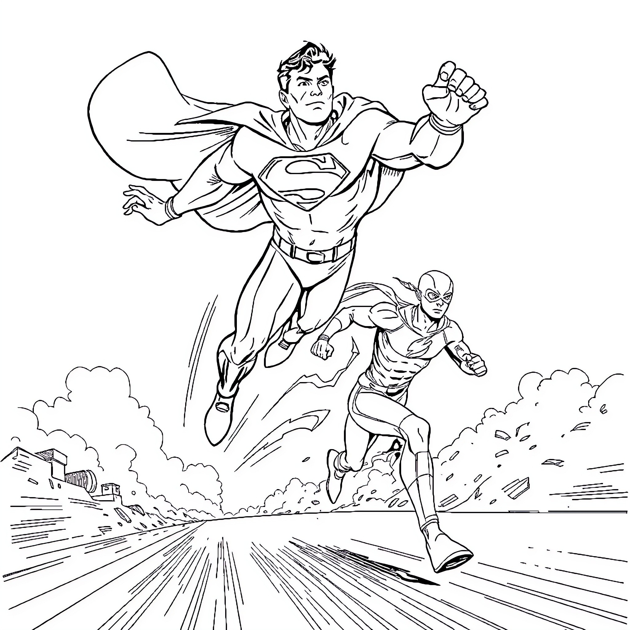 Superman soaring with determination, alongside a speeding companion Coloring Page (free black-and-white line drawing printable PDF for all, from beginners to advanced learners, including children, teens, adults, and seniors)