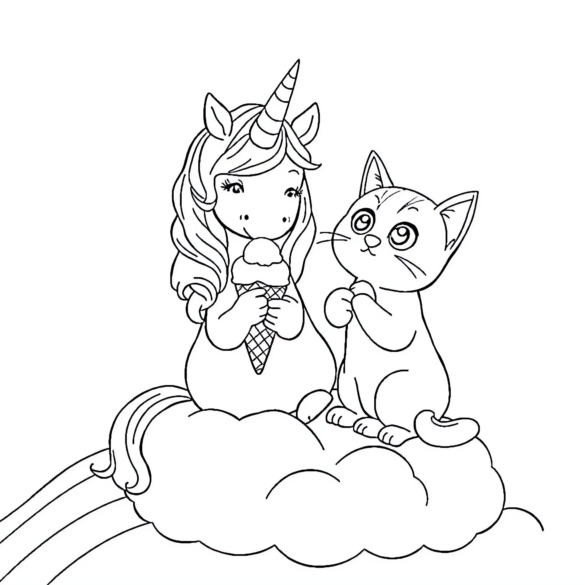 Unicorn and Kitten Enjoying Treats on Cloud Coloring Page (free black-and-white line drawing printable PDF for all, from beginners to advanced learners, including children, teens, adults, and seniors)