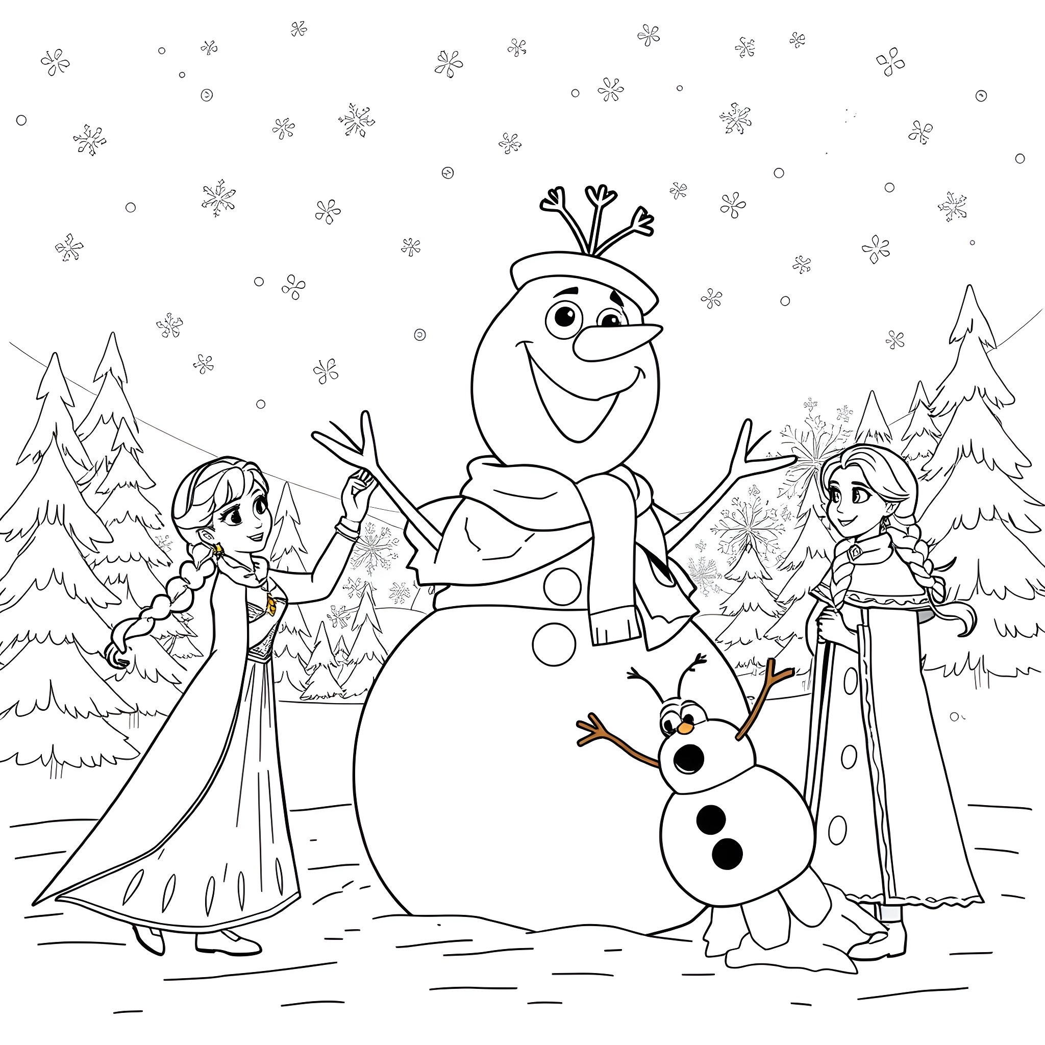 Frozen Characters in Snowy Winter Scene Coloring Page (free black-and-white line drawing printable PDF for all, from beginners to advanced learners, including children, teens, adults, and seniors)