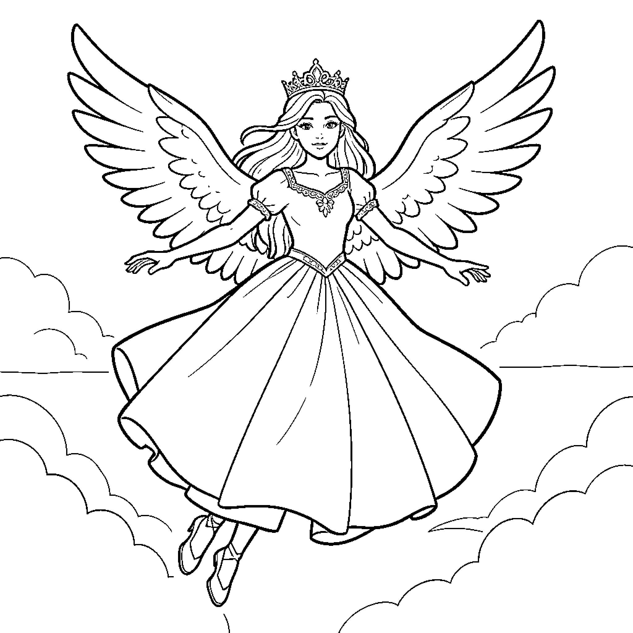 Princess with large wings flying among the clouds Coloring Page (free black-and-white line drawing printable PDF for all, from beginners to advanced learners, including children, teens, adults, and seniors)