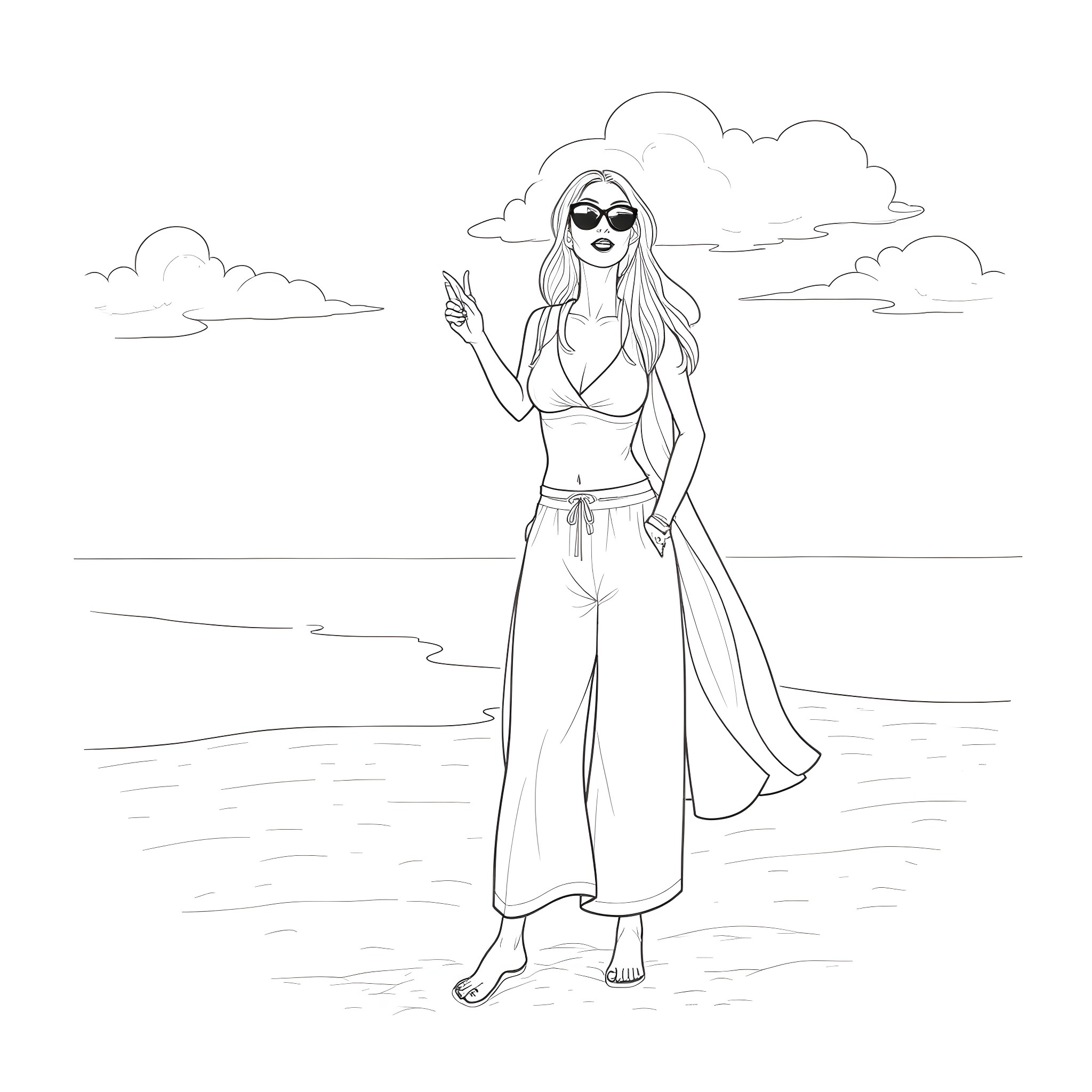 Chick posing confidently on the beach Coloring Page (free black-and-white line drawing printable PDF for all, from beginners to advanced learners, including children, teens, adults, and seniors)
