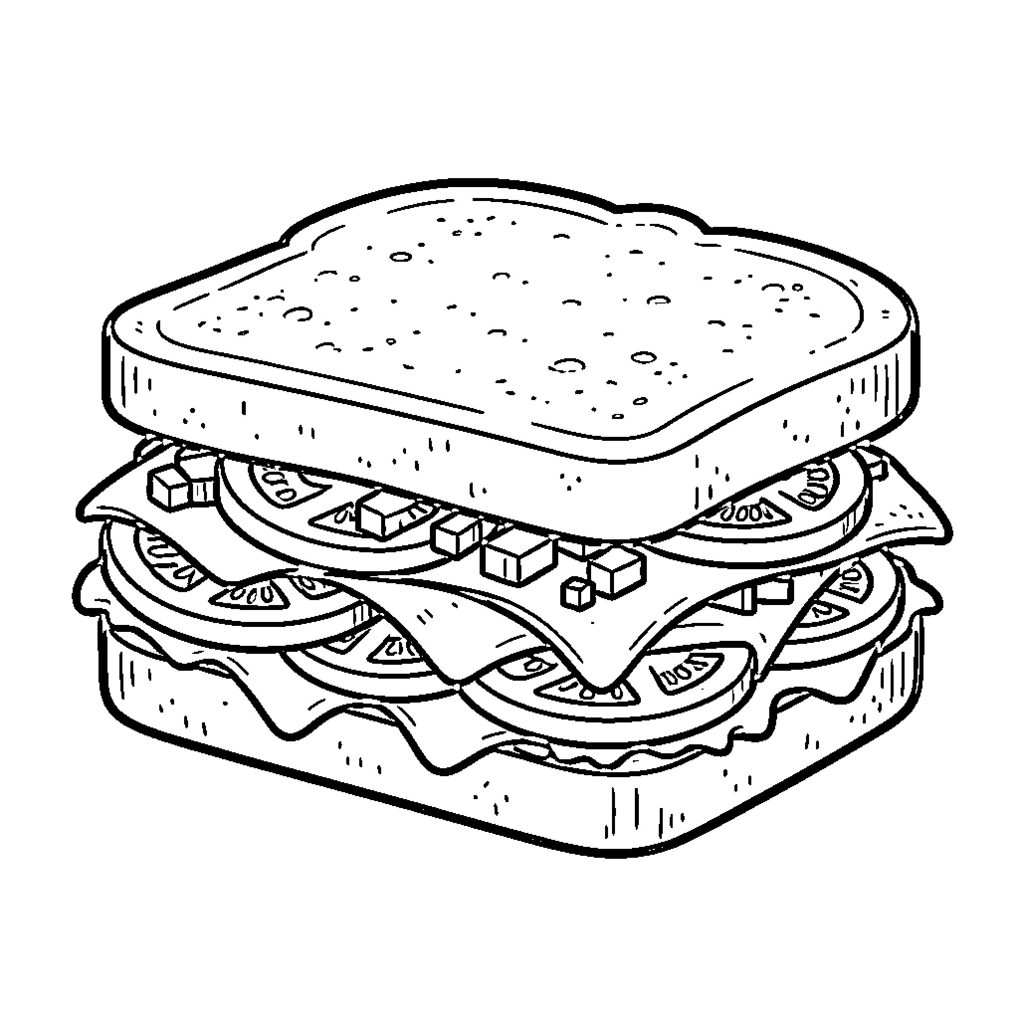 Sandwich stacked with layers of fresh sliced ingredients Coloring Page (free black-and-white line drawing printable PDF for all, from beginners to advanced learners, including children, teens, adults, and seniors)