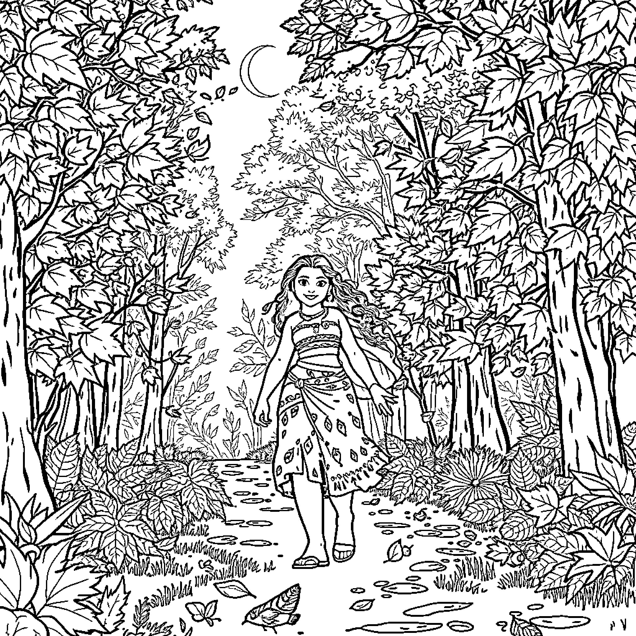 Moana exploring the enchanting forest Coloring Page (free black-and-white line drawing printable PDF for all, from beginners to advanced learners, including children, teens, adults, and seniors)