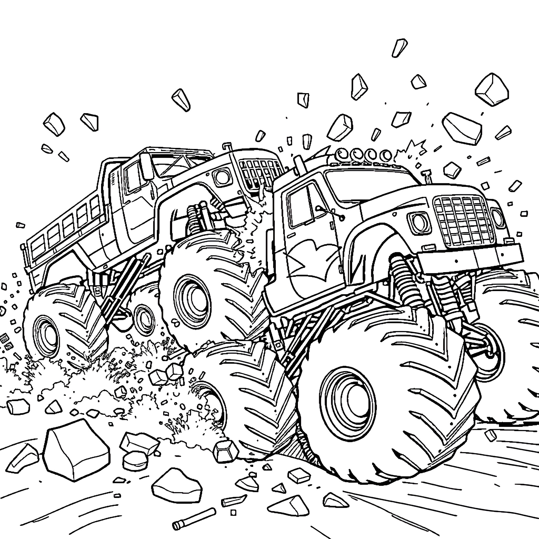 Truck crushing through rocks and debris Coloring Page (free black-and-white line drawing printable PDF for all, from beginners to advanced learners, including children, teens, adults, and seniors)