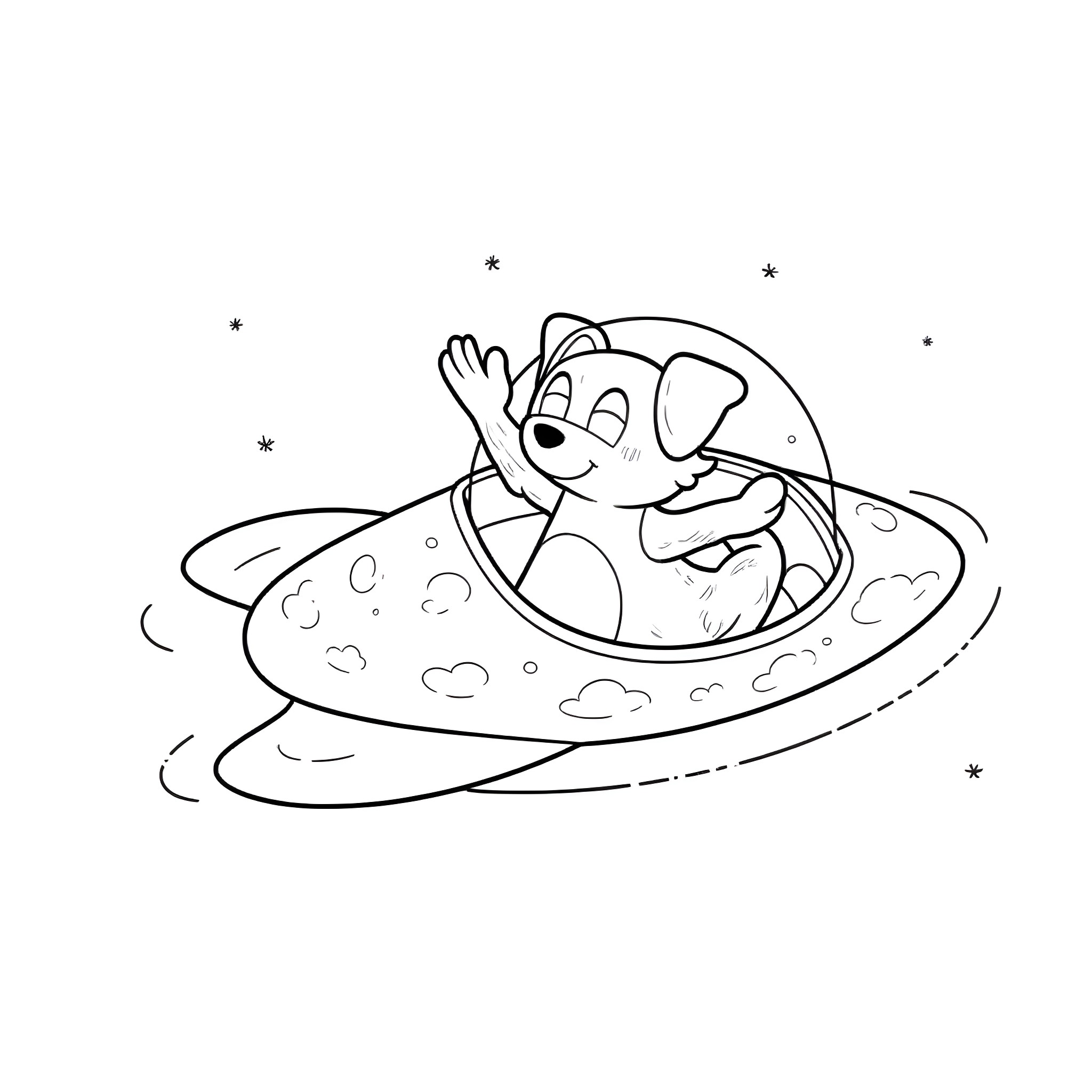 Dog flying a UFO in the night sky Coloring Page (free black-and-white line drawing printable PDF for all, from beginners to advanced learners, including children, teens, adults, and seniors)