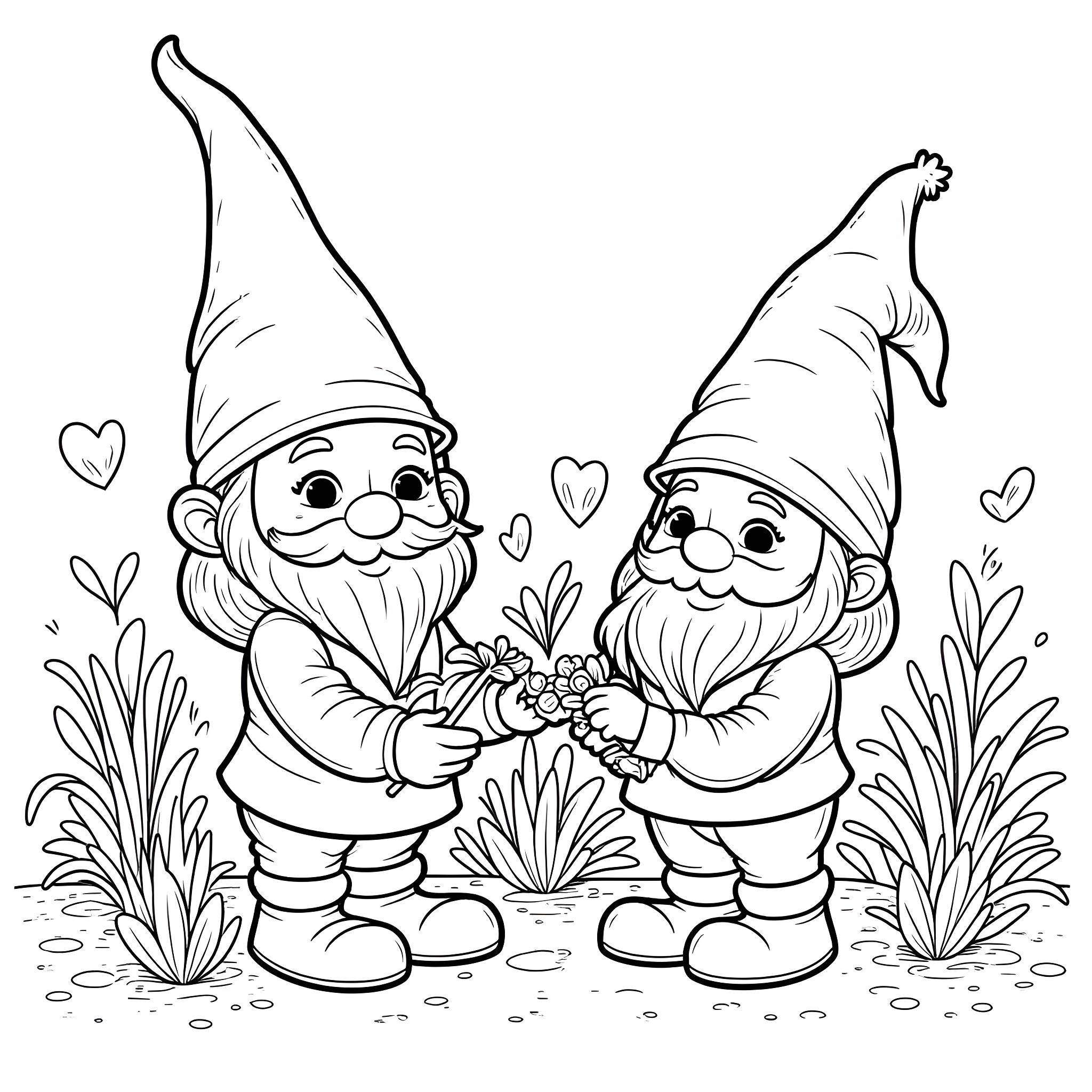 Gnome friends sharing a bunch of flowers in the garden Coloring Page (free black-and-white line drawing printable PDF for all, from beginners to advanced learners, including children, teens, adults, and seniors)
