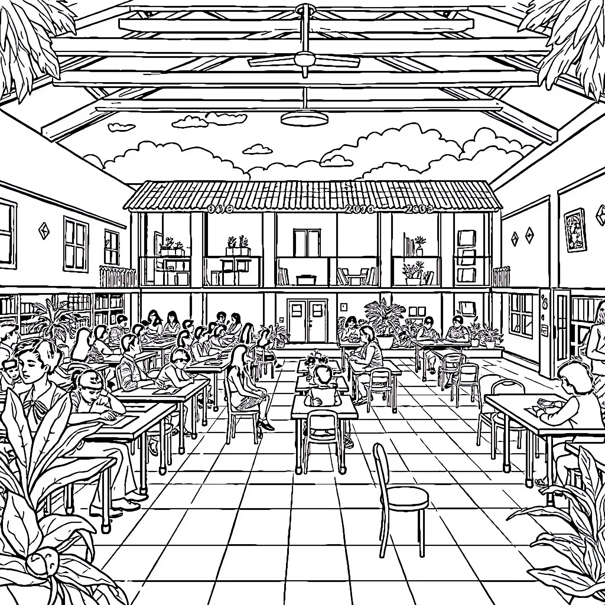 School Cafeteria with Students Enjoying Meals Coloring Page (free black-and-white line drawing printable PDF for all, from beginners to advanced learners, including children, teens, adults, and seniors)