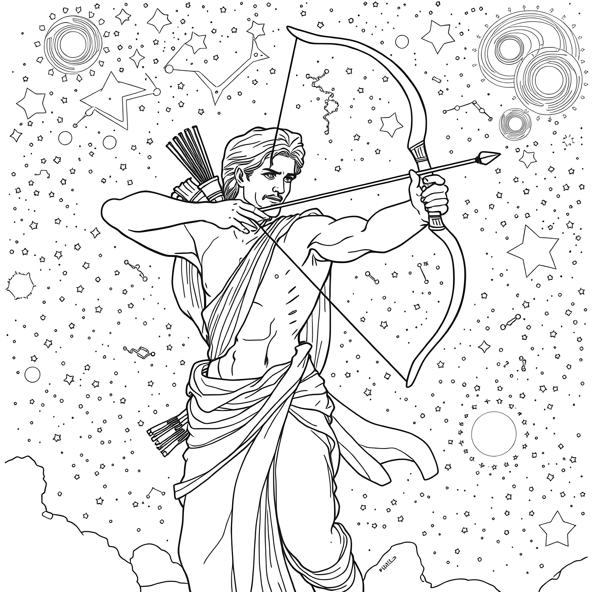 Archer aiming at stars in the night sky Coloring Page (free black-and-white line drawing printable PDF for all, from beginners to advanced learners, including children, teens, adults, and seniors)