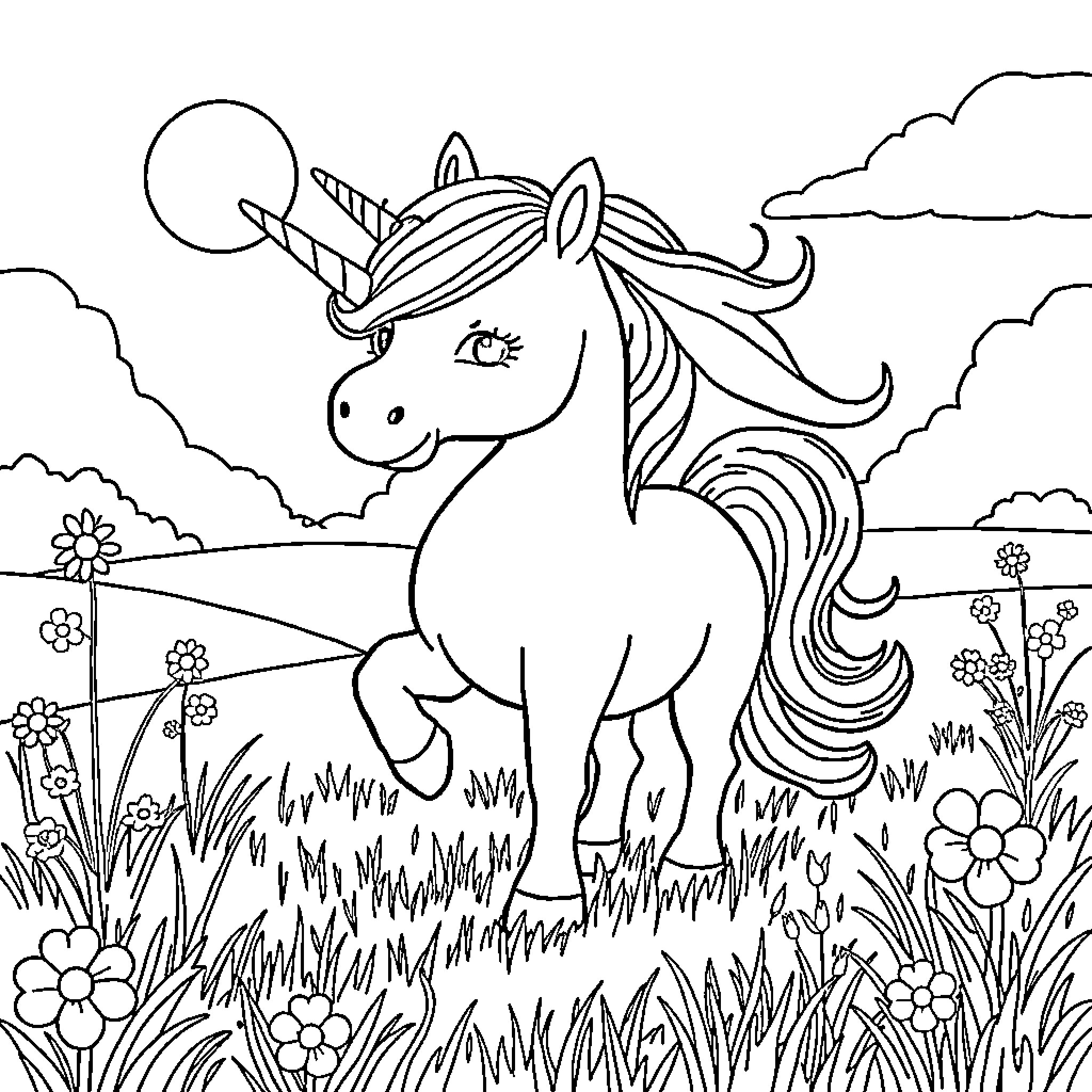 Unicorn grazing peacefully in a magical meadow Coloring Page (free black-and-white line drawing printable PDF for all, from beginners to advanced learners, including children, teens, adults, and seniors)