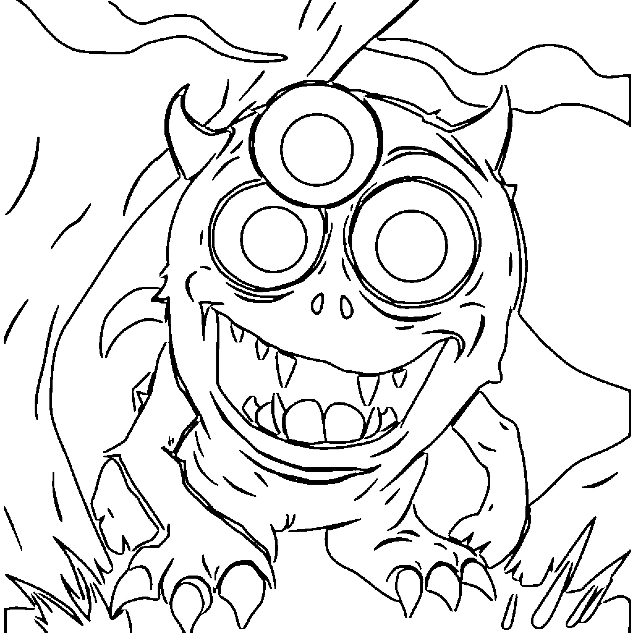 Greeper monster unleashing its menacing grin Coloring Page (free black-and-white line drawing printable PDF for all, from beginners to advanced learners, including children, teens, adults, and seniors)
