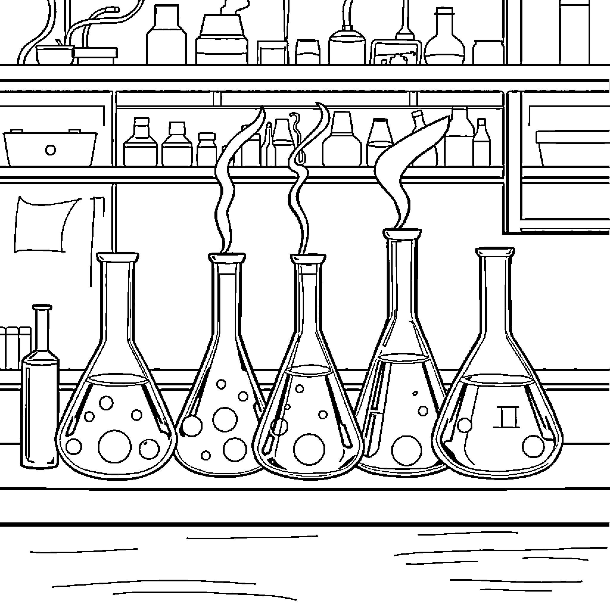 Flasks emitting smoke on a laboratory workbench Coloring Page (free black-and-white line drawing printable PDF for all, from beginners to advanced learners, including children, teens, adults, and seniors)