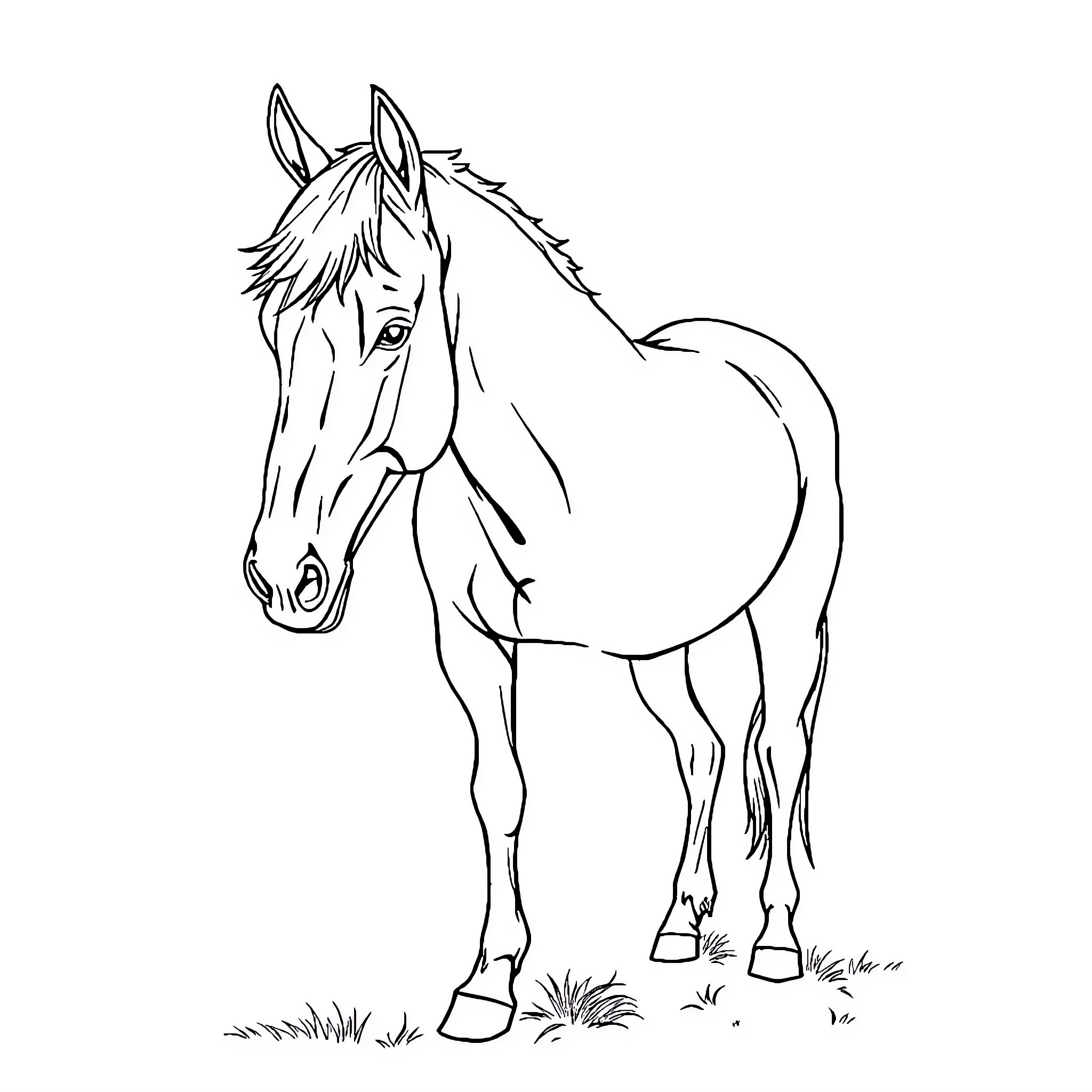 Horse standing gracefully in a field Coloring Page (free black-and-white line drawing printable PDF for all, from beginners to advanced learners, including children, teens, adults, and seniors)