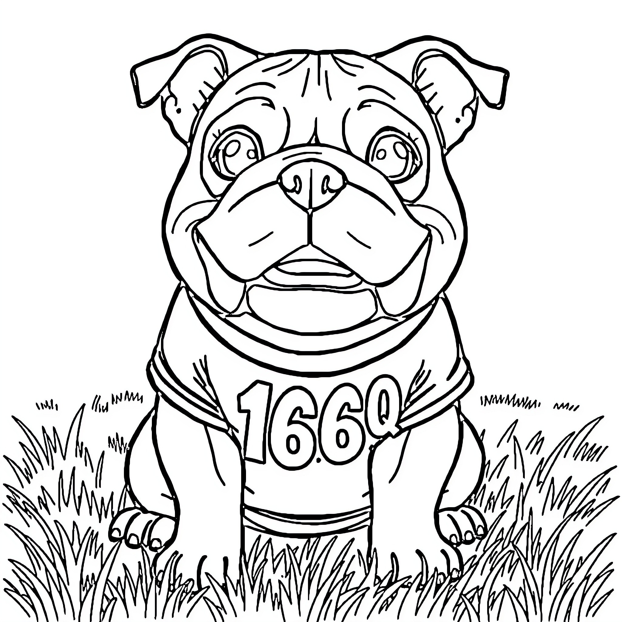 Bulldog wearing a numbered jersey sitting in grass Coloring Page (free black-and-white line drawing printable PDF for all, from beginners to advanced learners, including children, teens, adults, and seniors)