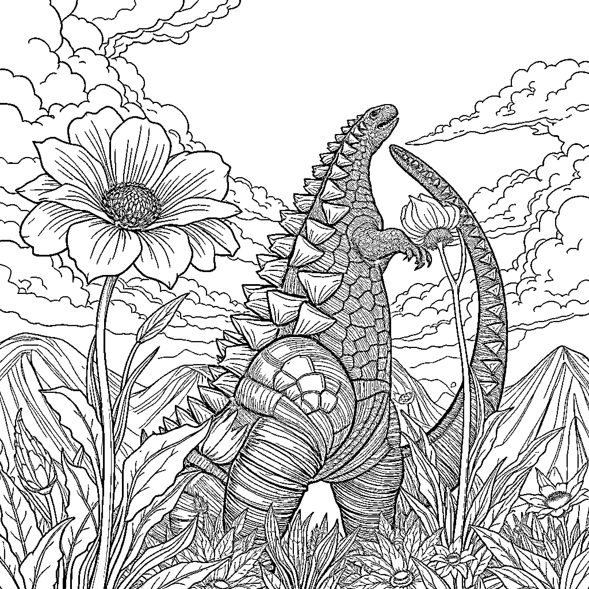 Godzilla battling through a lush botanical landscape Coloring Page (free black-and-white line drawing printable PDF for all, from beginners to advanced learners, including children, teens, adults, and seniors)
