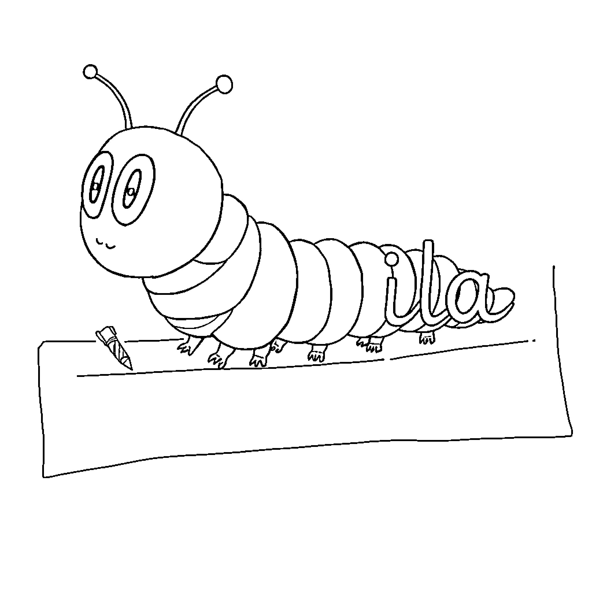Caterpillar crawling on text Coloring Page (free black-and-white line drawing printable PDF for all, from beginners to advanced learners, including children, teens, adults, and seniors)
