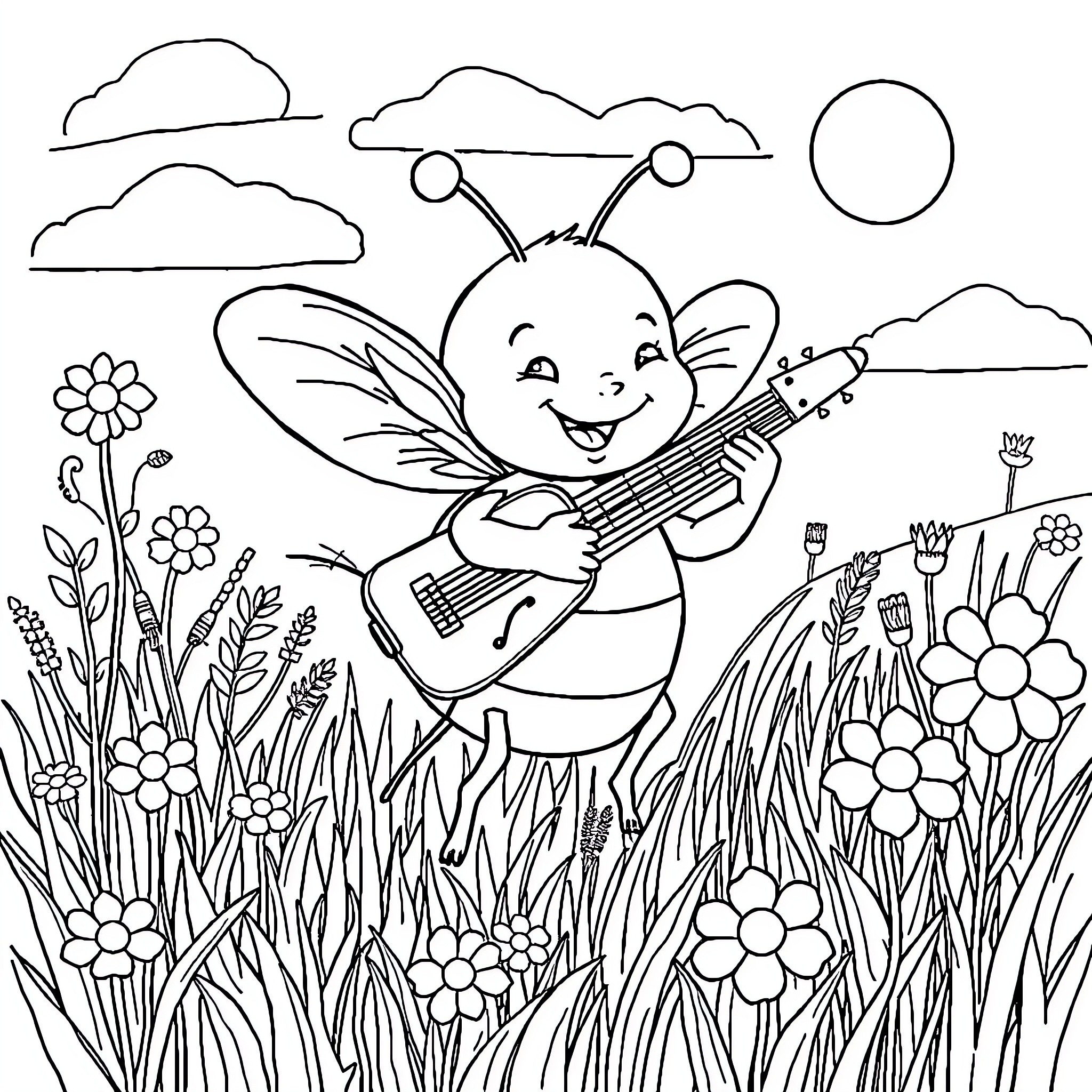 Bee playing guitar in a flowery meadow Coloring Page (free black-and-white line drawing printable PDF for all, from beginners to advanced learners, including children, teens, adults, and seniors)