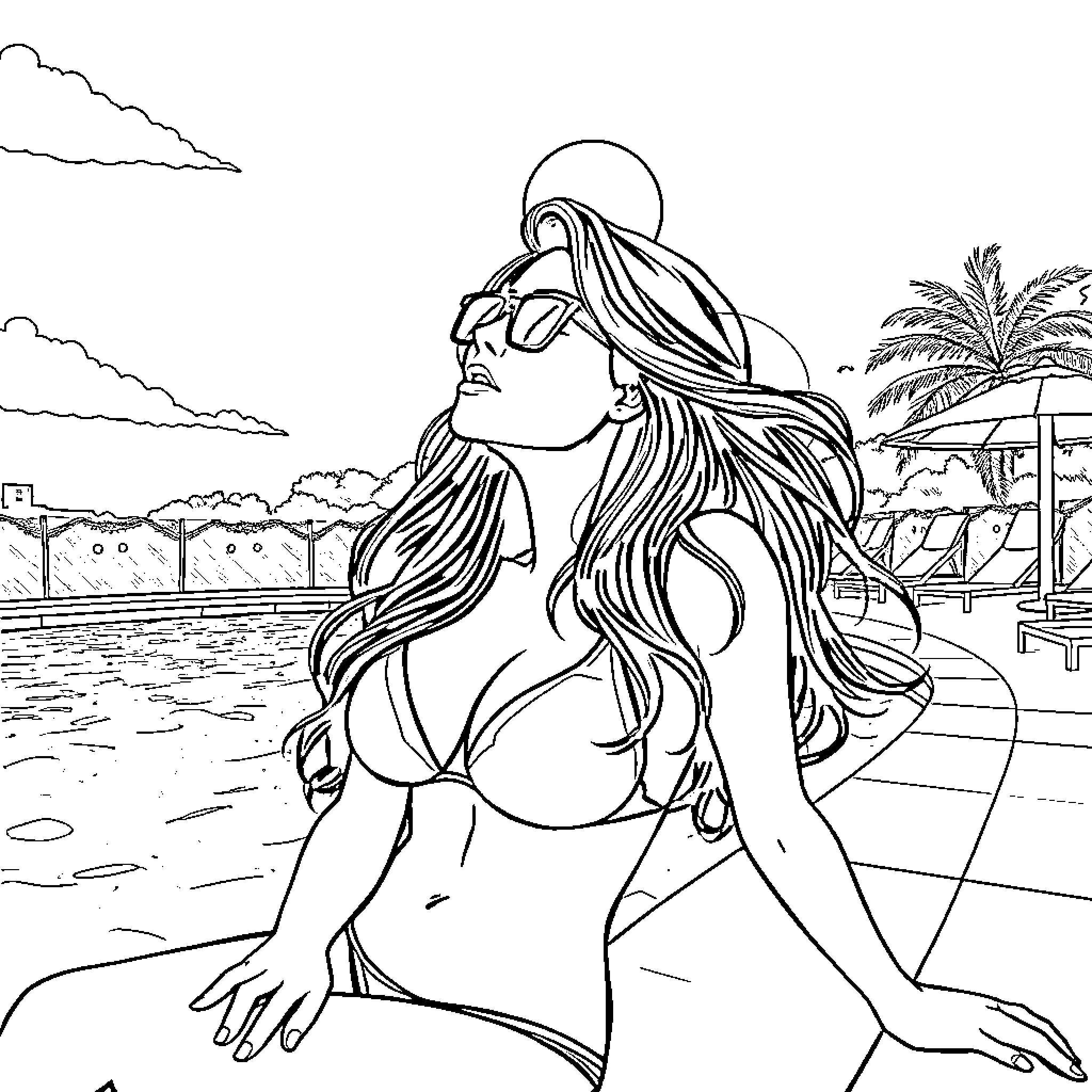 Madison Ivy enjoying the tropical beach scene Coloring Page (free black-and-white line drawing printable PDF for all, from beginners to advanced learners, including children, teens, adults, and seniors)