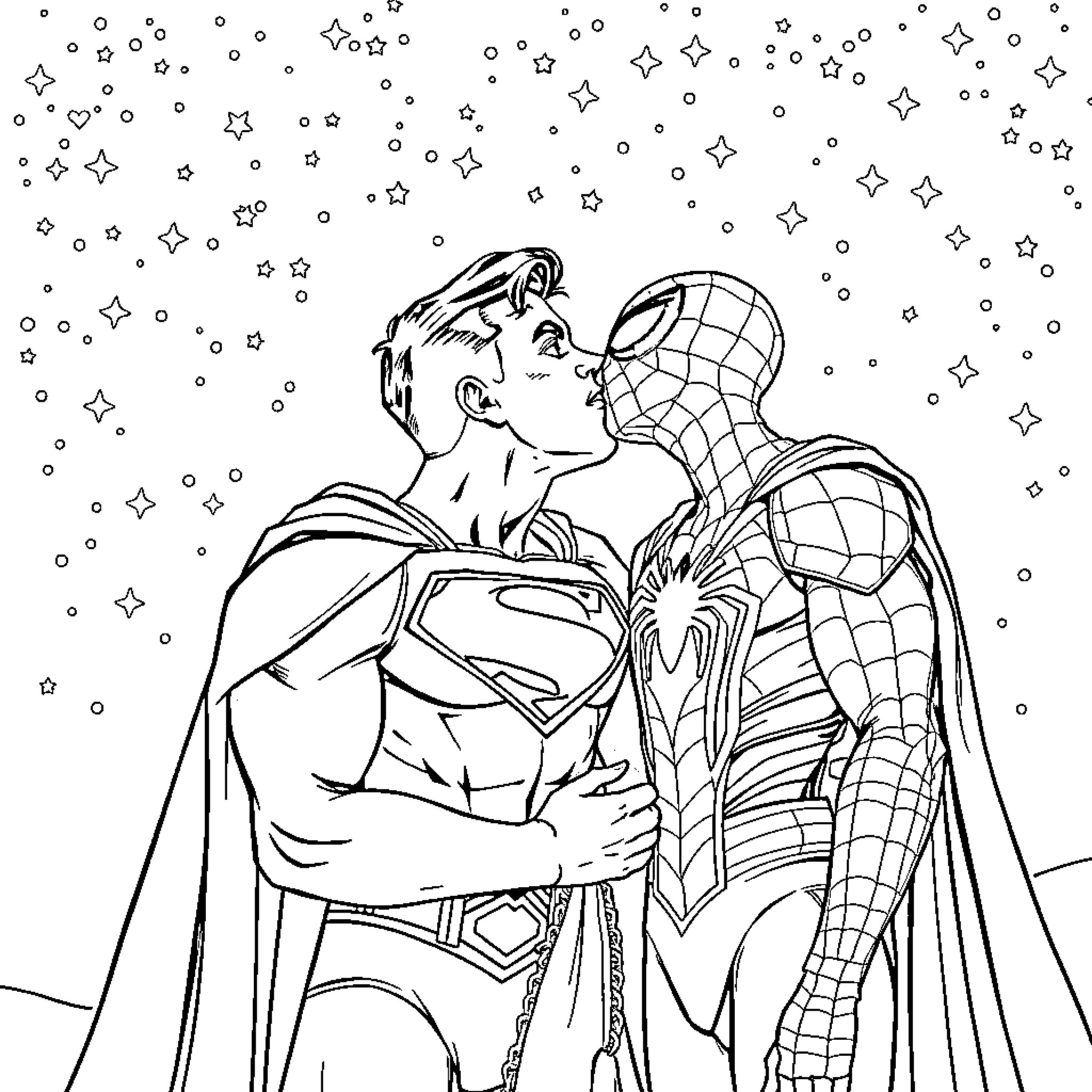 Superman and Spider-Man embracing under the starry night Coloring Page (free black-and-white line drawing printable PDF for all, from beginners to advanced learners, including children, teens, adults, and seniors)