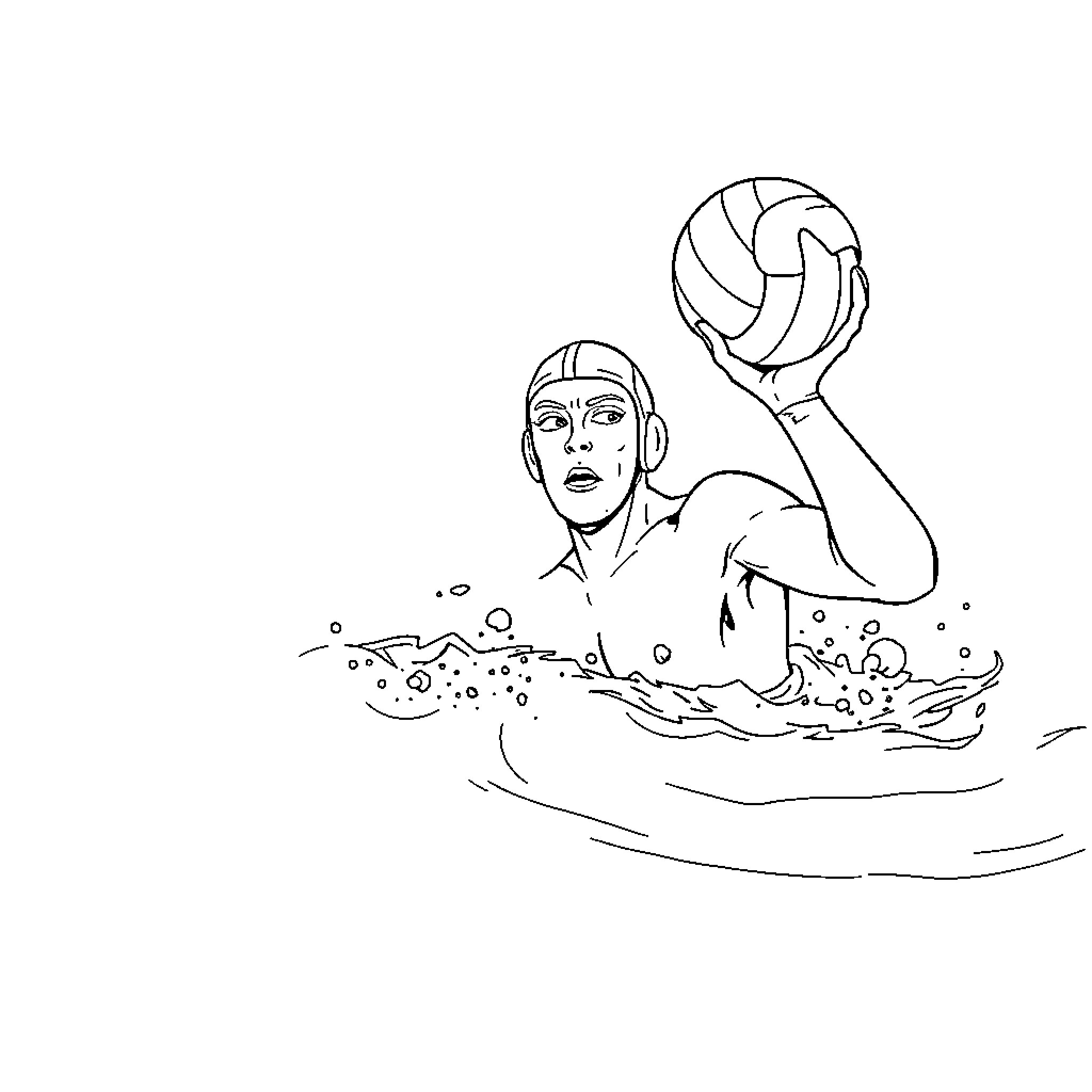 Water Polo Player Reaching for the Ball in the Pool Coloring Page (free black-and-white line drawing printable PDF for all, from beginners to advanced learners, including children, teens, adults, and seniors)