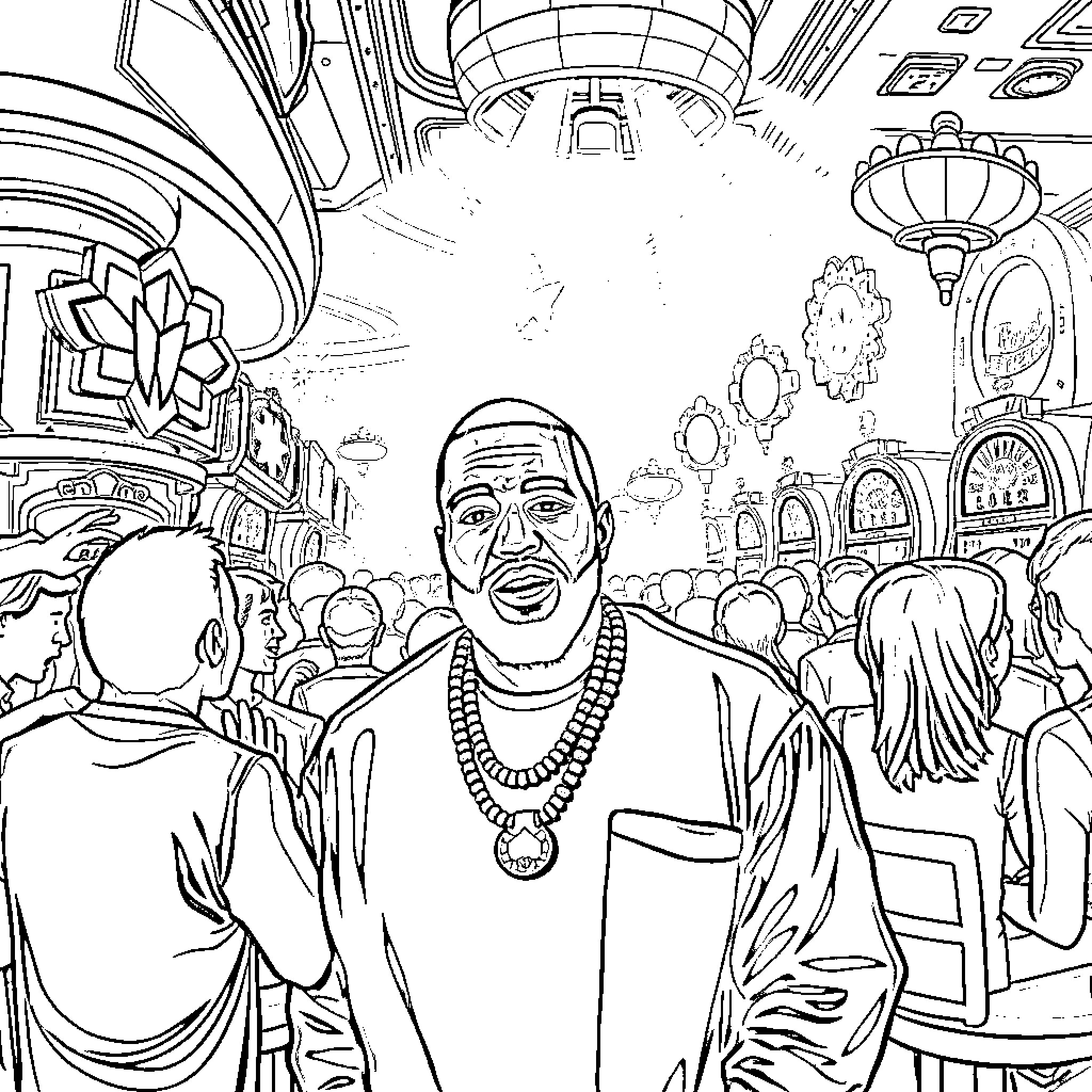 Kanye West in a stylized city scene Coloring Page (free black-and-white line drawing printable PDF for all, from beginners to advanced learners, including children, teens, adults, and seniors)