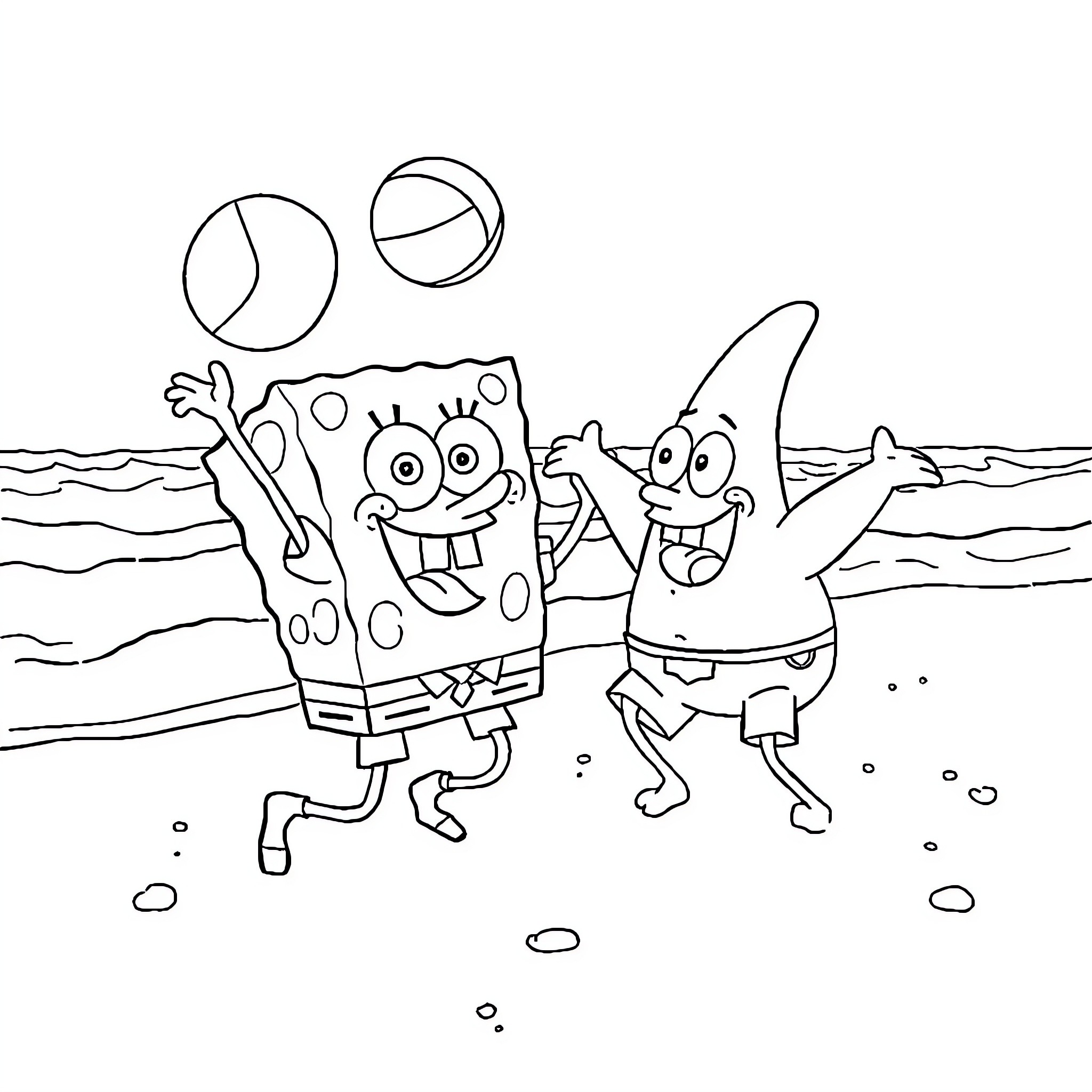 Spongebob and Patrick playing on the beach Coloring Page (free black-and-white line drawing printable PDF for all, from beginners to advanced learners, including children, teens, adults, and seniors)