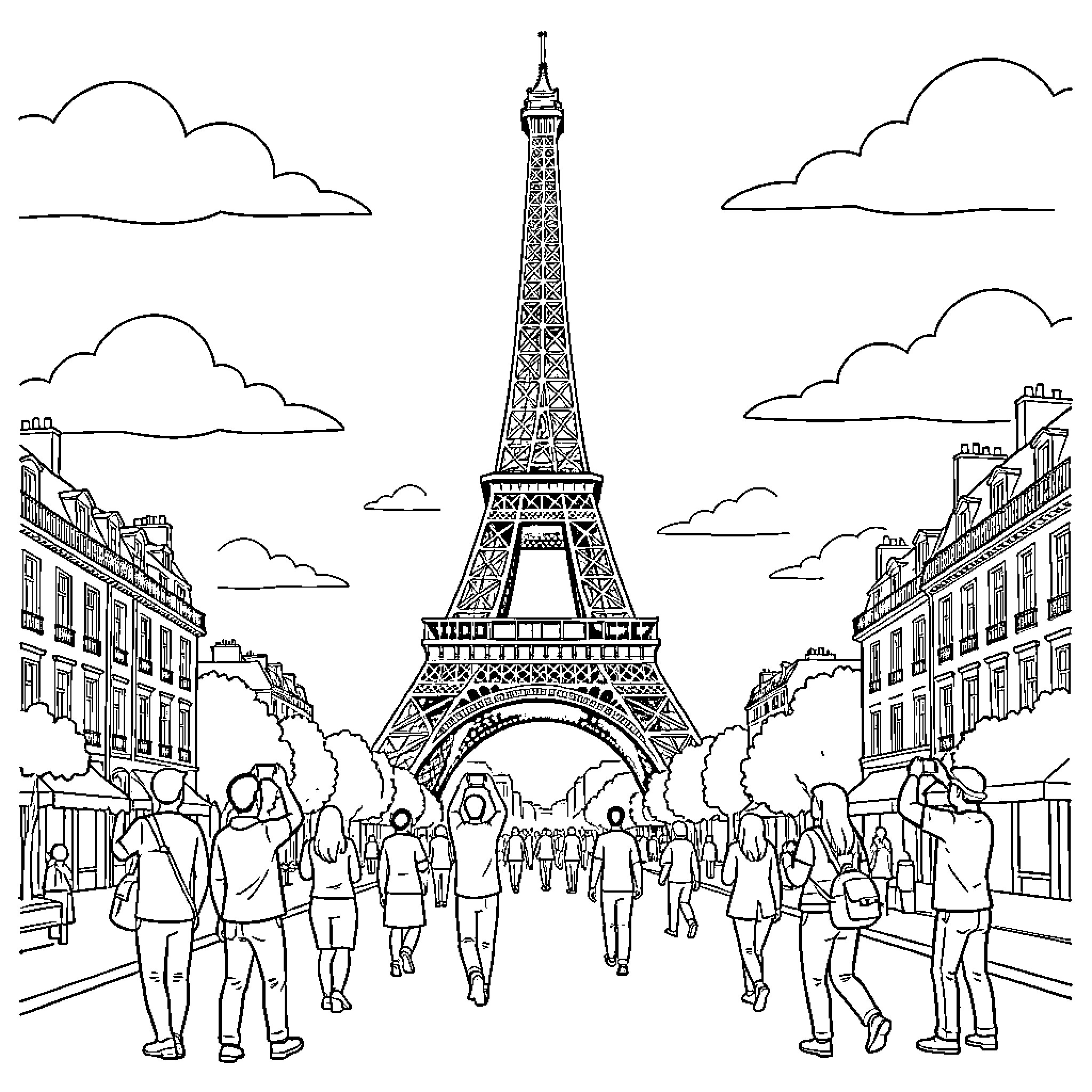 Eiffel Tower viewed by tourists walking on the street Coloring Page (free black-and-white line drawing printable PDF for all, from beginners to advanced learners, including children, teens, adults, and seniors)