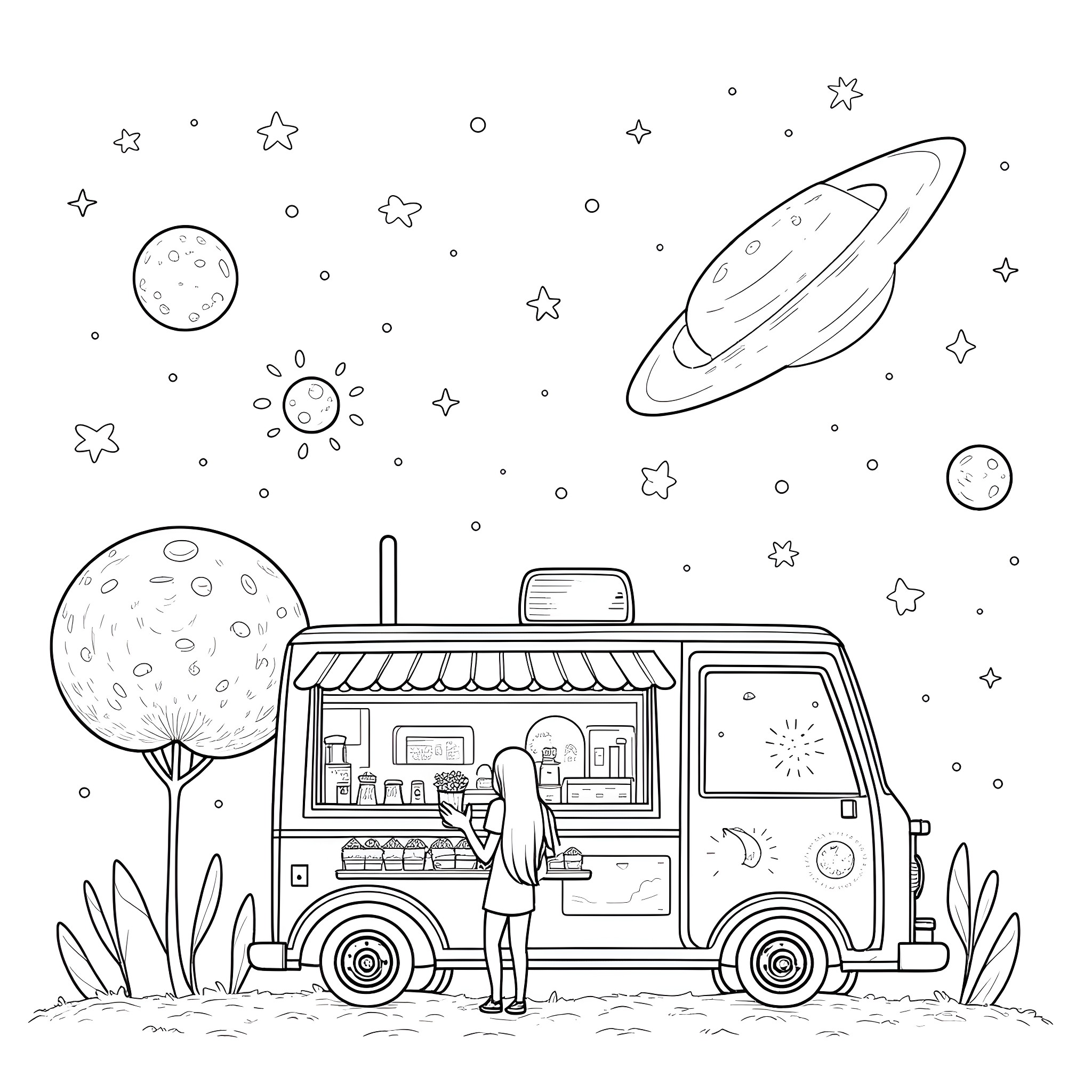 Food Truck Serving Celestial Treats Under the Starry Sky Coloring Page (free black-and-white line drawing printable PDF for all, from beginners to advanced learners, including children, teens, adults, and seniors)