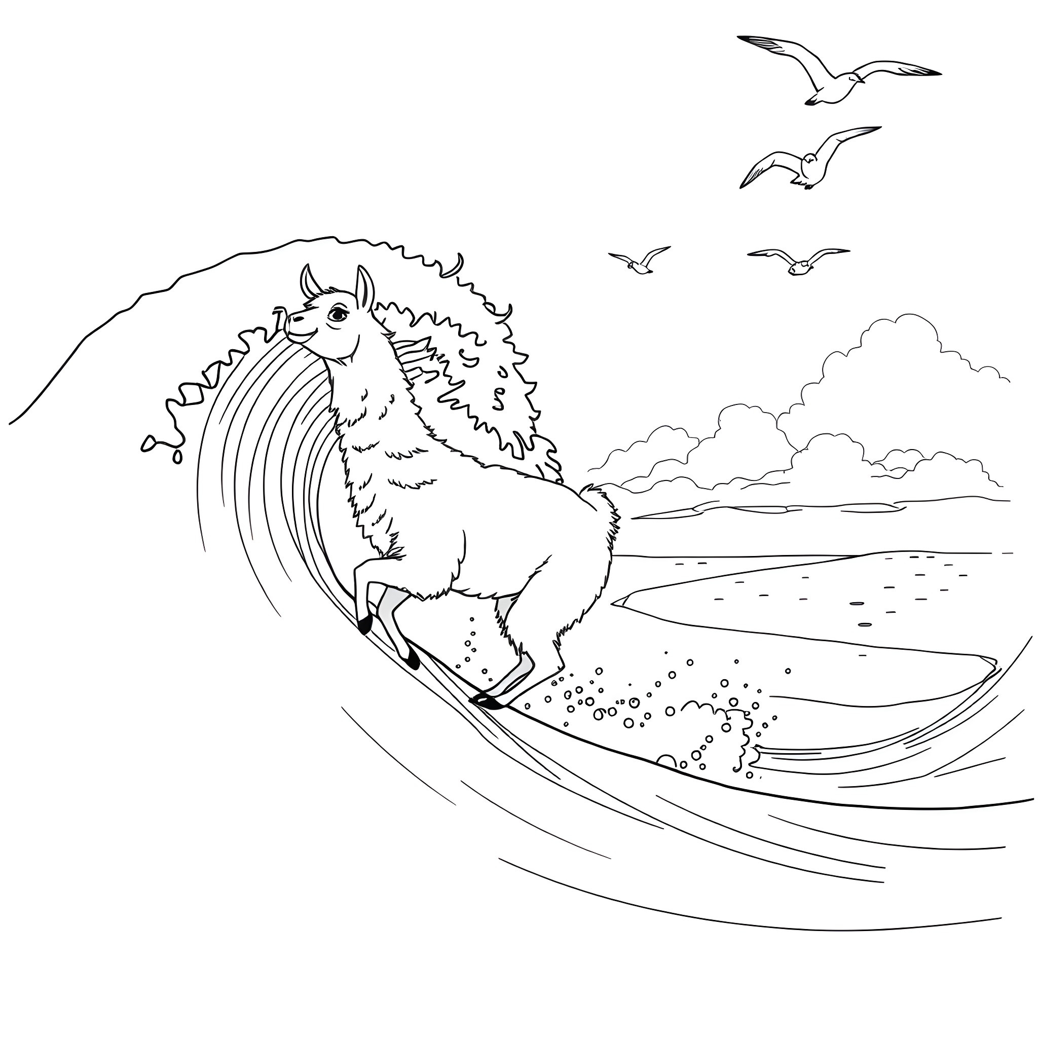 Llama surfing waves with seagulls in the sky Coloring Page (free black-and-white line drawing printable PDF for all, from beginners to advanced learners, including children, teens, adults, and seniors)