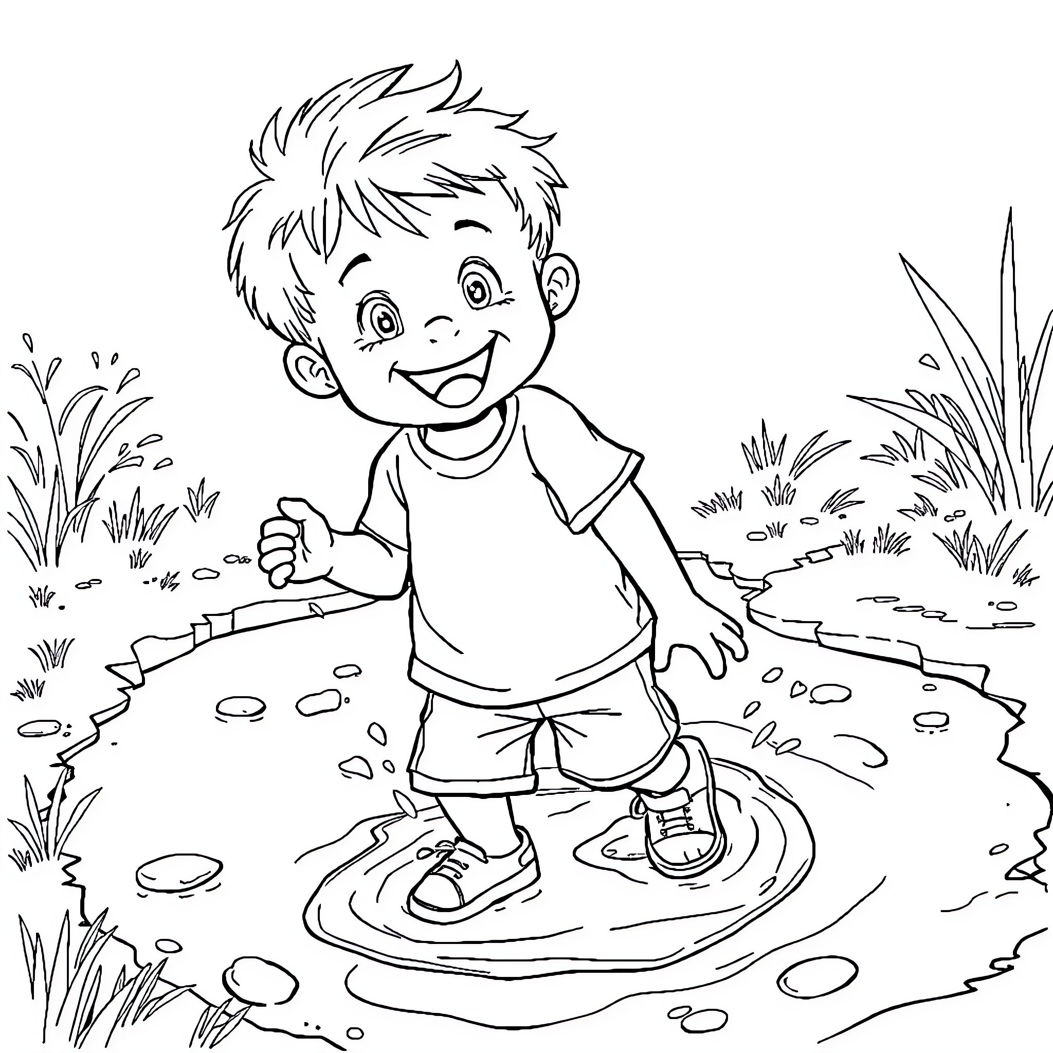 Toddler happily playing in the puddle Coloring Page (free black-and-white line drawing printable PDF for all, from beginners to advanced learners, including children, teens, adults, and seniors)