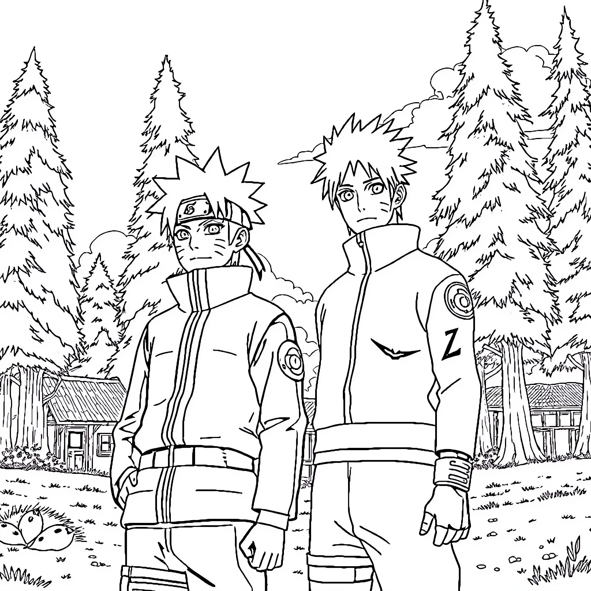 Naruto and Sasuke in the Ninja Forest Coloring Page (free black-and-white line drawing printable PDF for all, from beginners to advanced learners, including children, teens, adults, and seniors)