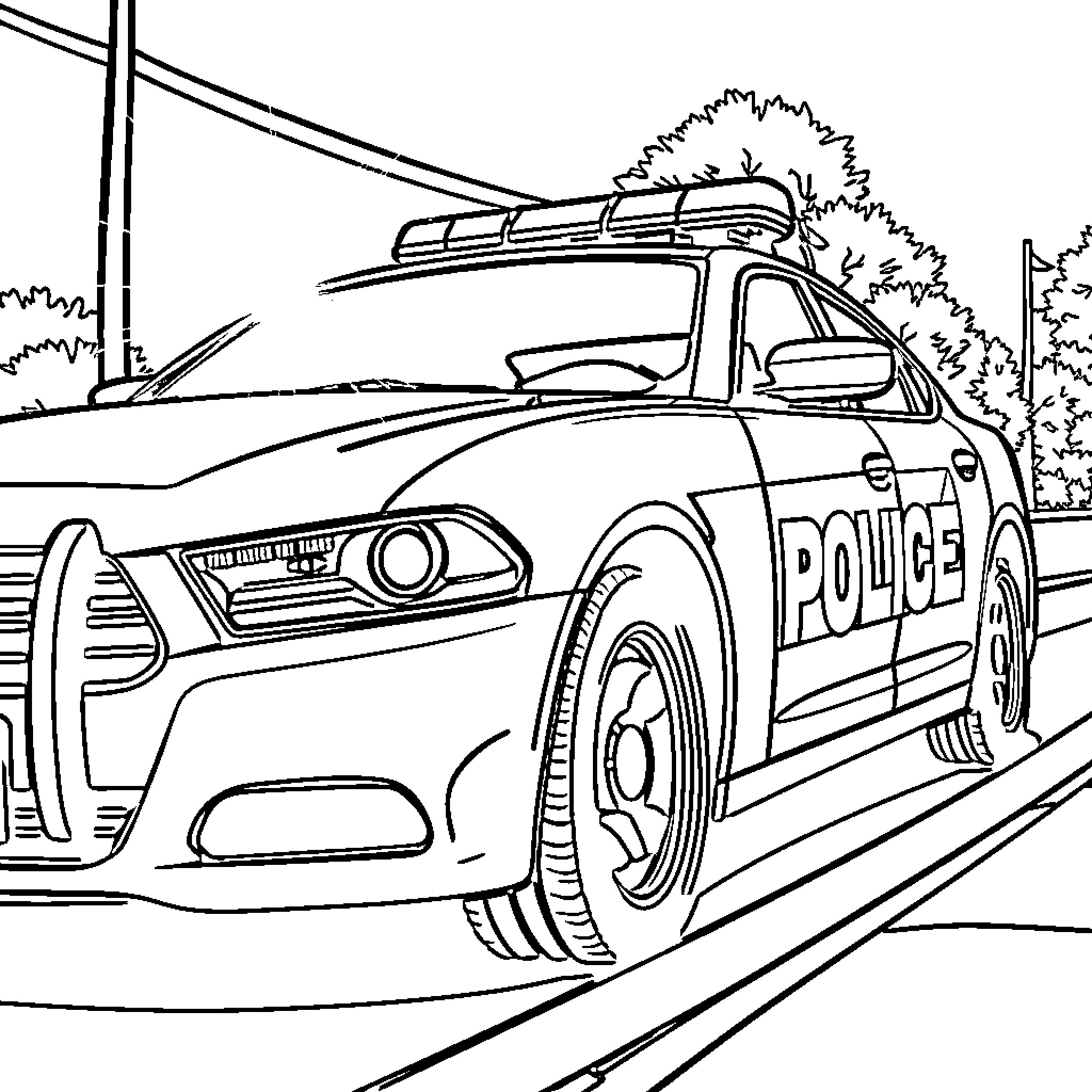 Police Car on the road with equipment Coloring Page (free black-and-white line drawing printable PDF for all, from beginners to advanced learners, including children, teens, adults, and seniors)