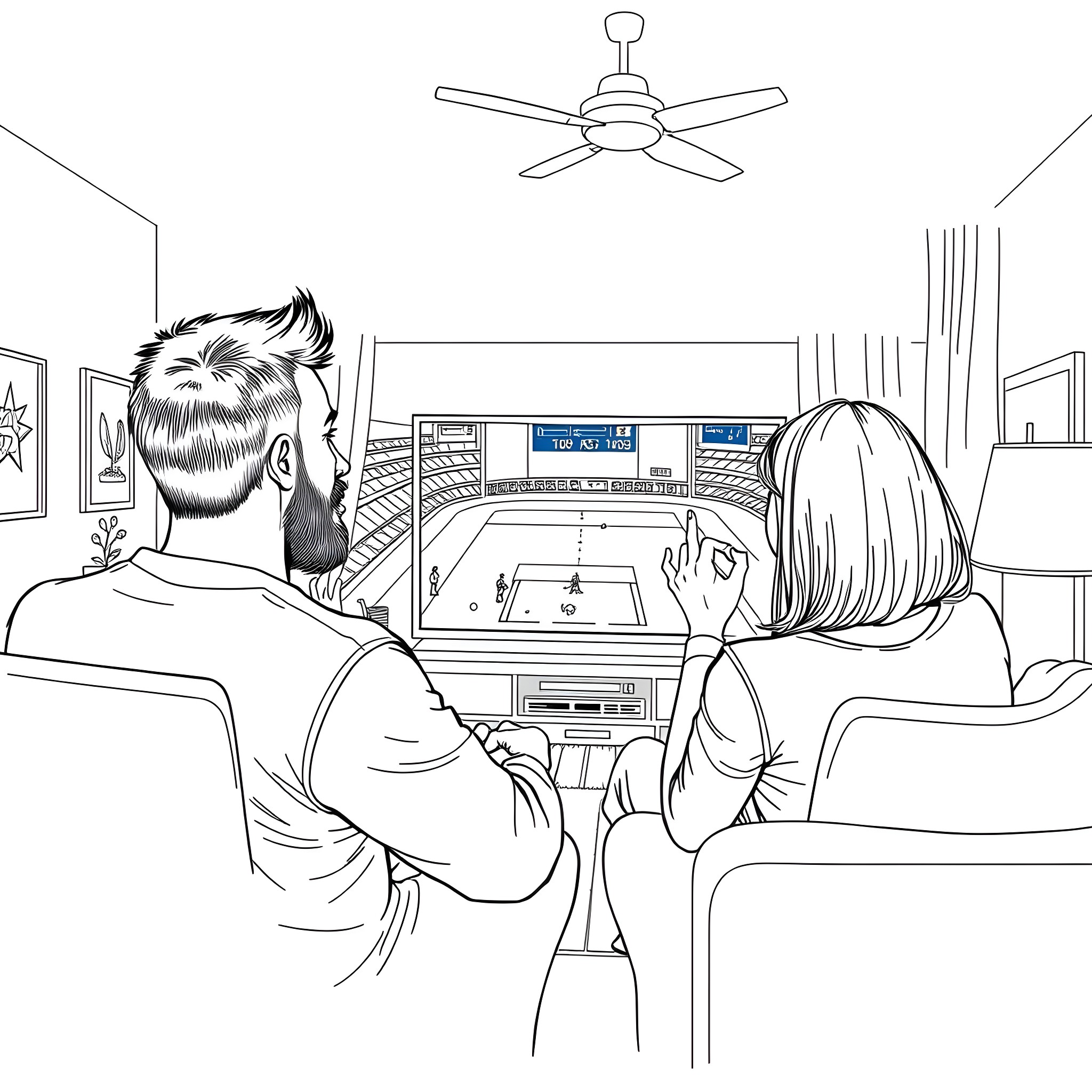 Husband and wife watching a bowling game on TV Coloring Page (free black-and-white line drawing printable PDF for all, from beginners to advanced learners, including children, teens, adults, and seniors)
